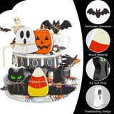 Halloween Wooden Tiered Tray Decor Set – 6PCS Rustic Signs (Pumpkin, Ghost, Cat, Bat, Witch Hat & Candy Corn)