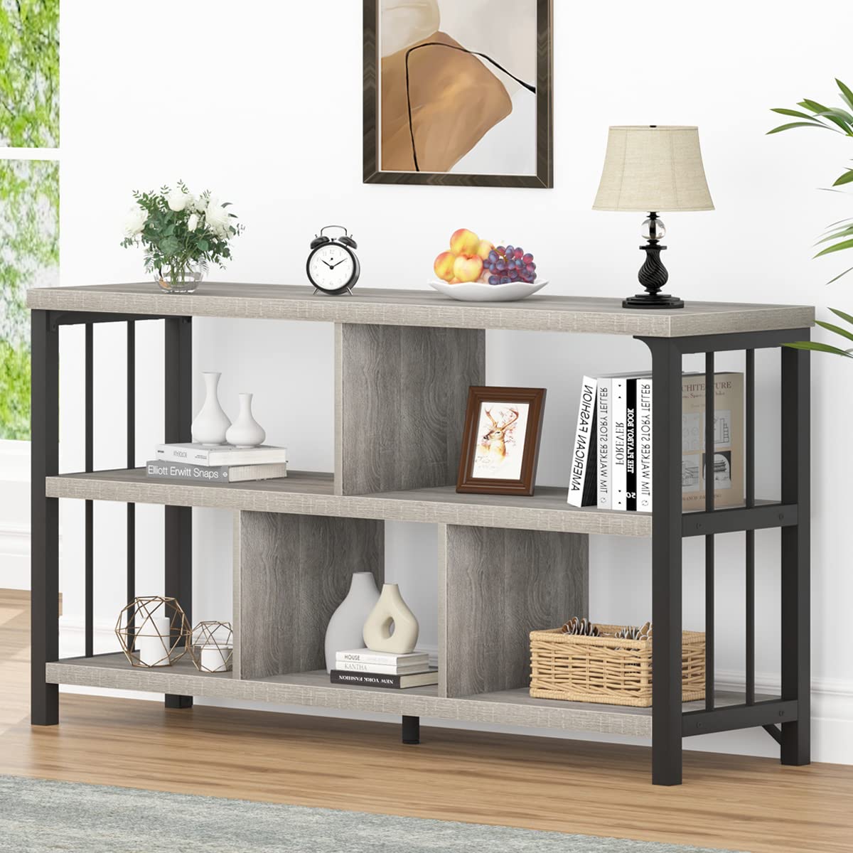 5-Cube Industrial Storage Organizer – Modern Horizontal Bookcase & TV Stand with Metal Frame (Light Grey Oak)