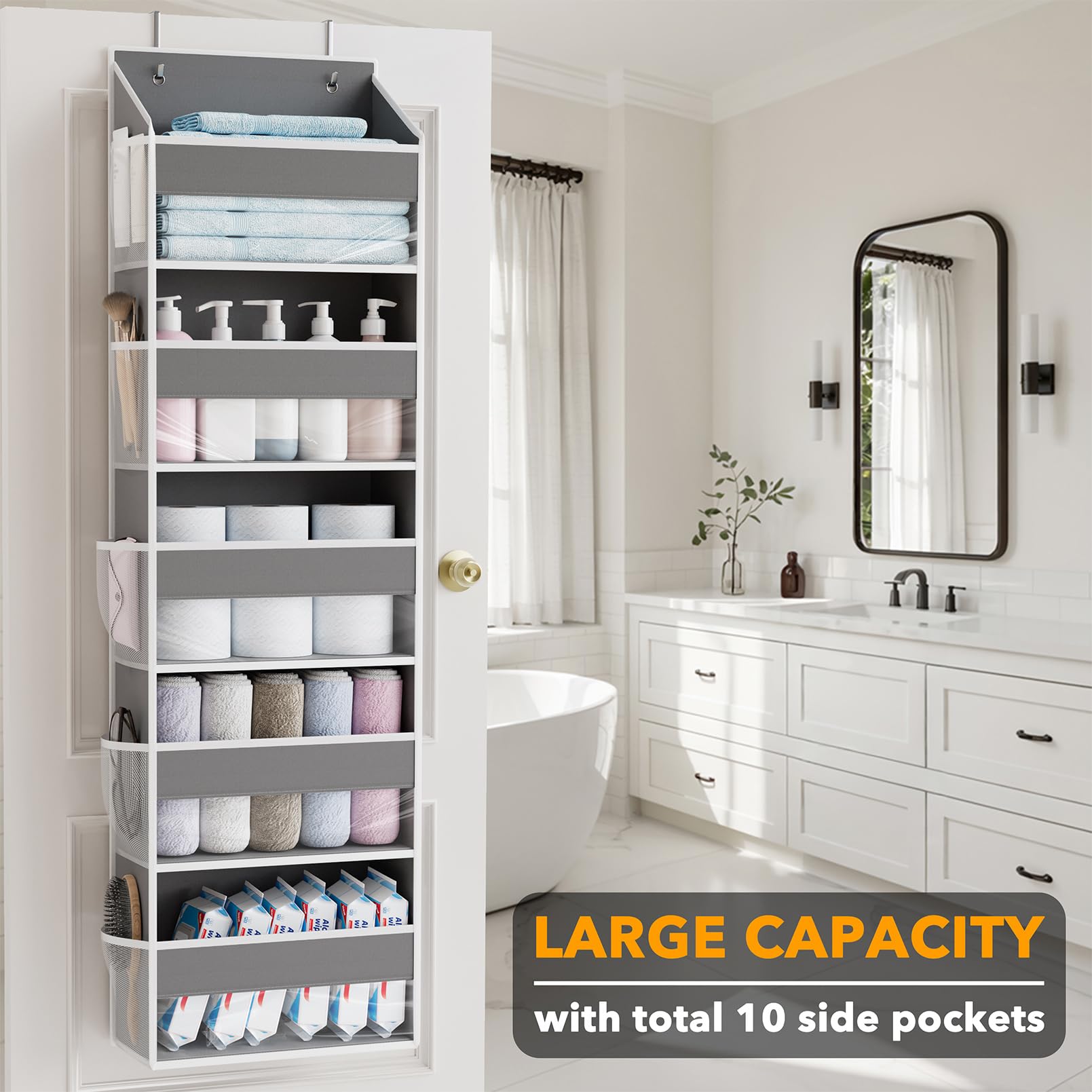 SpaceAid Over-the-Door Hanging Organizer with Clear Pockets – 5-Tier Storage System with Mesh Side Pockets (Gray)