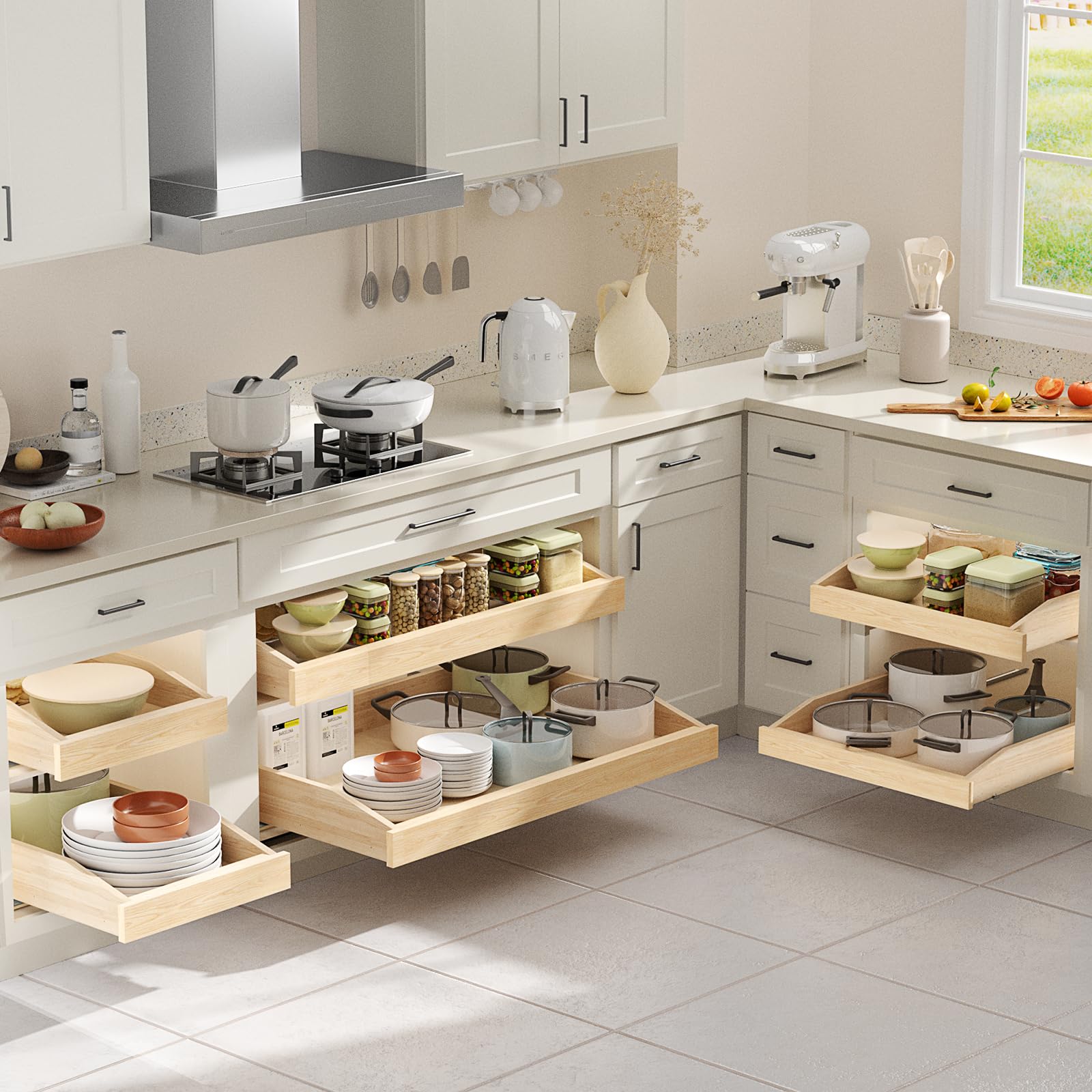 Lovmor Extra-Wide Single Pull-Out Cabinet Organizer with Soft-Close – Solid Wood Base Shelf Storage