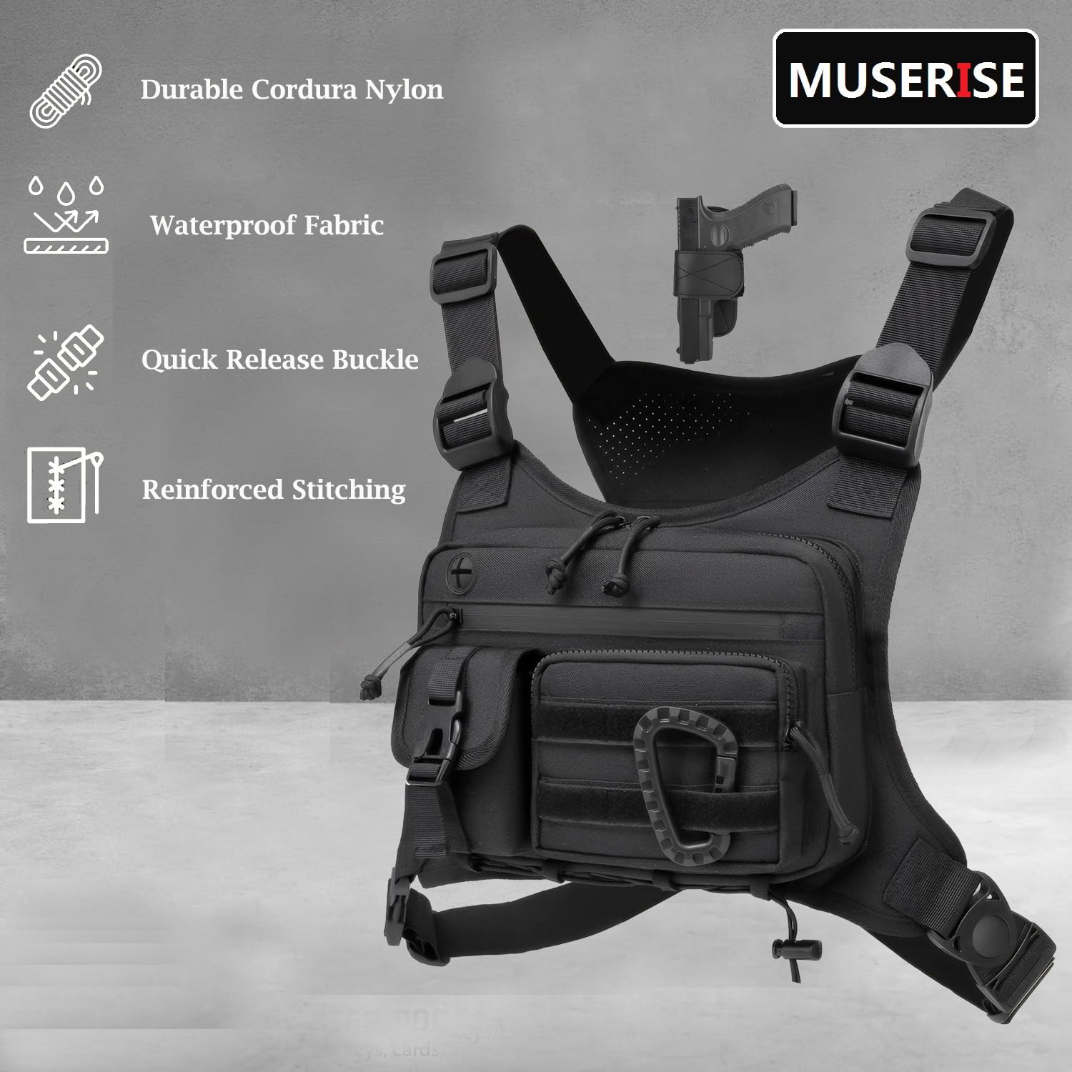 MUSERISE Tactical Chest Bag Vest – Lightweight EDC Chest Pack for Running, Cycling & Outdoor Workouts (Black)