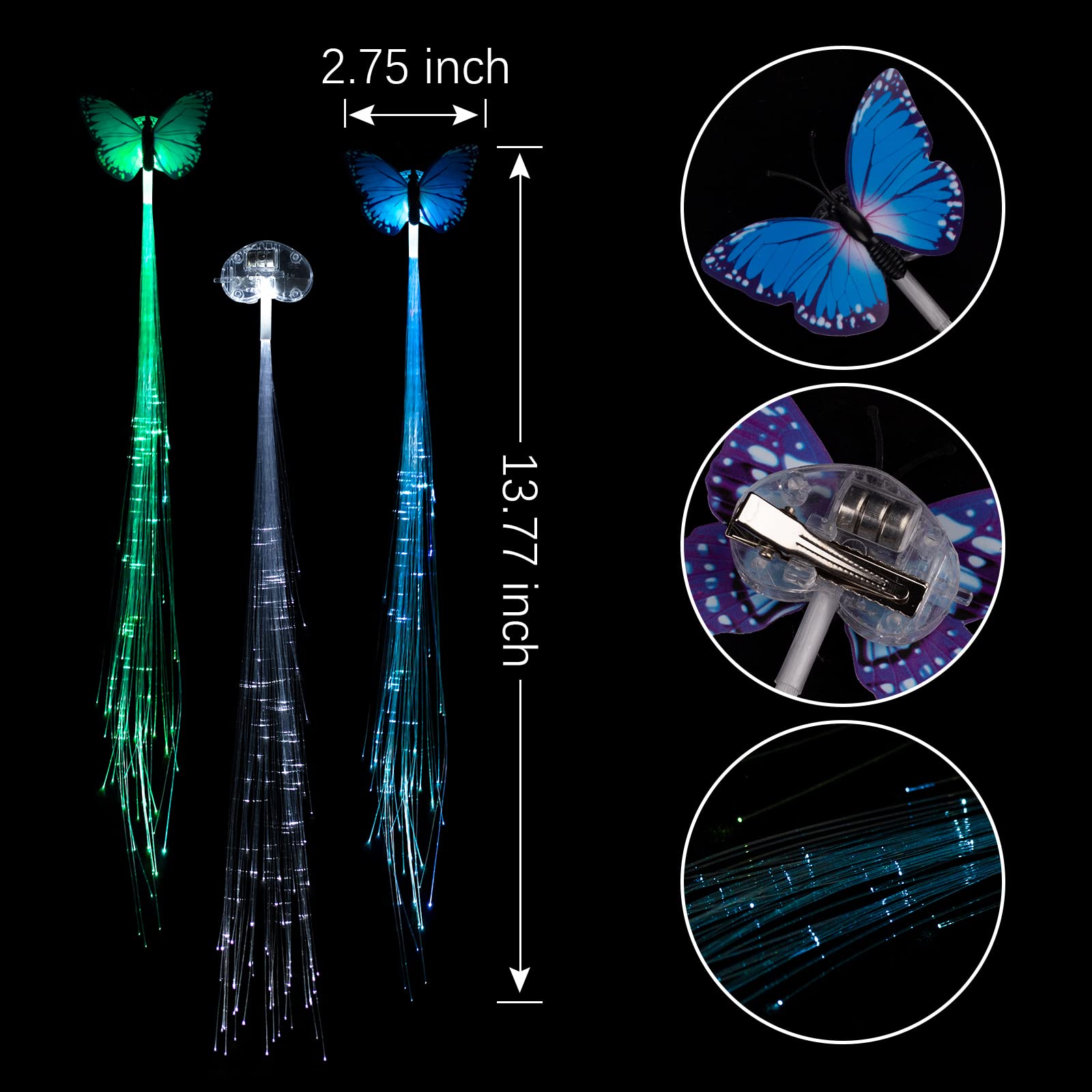 15-Pack Multicolor LED Hair Extension Clips – Fiber Optic Light-Up Braids with Heart & Butterfly Clips for Parties & Festivals