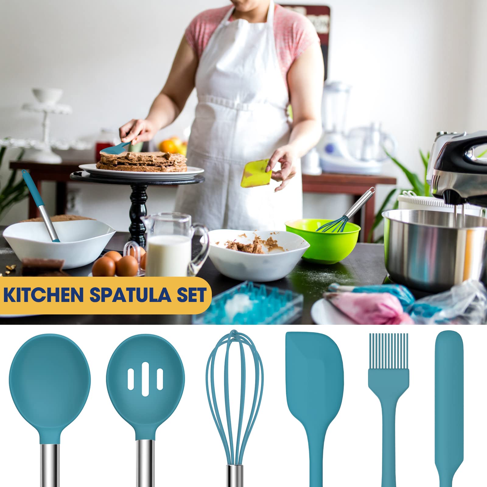 24-Piece Professional Silicone Kitchen Utensil Set with Stainless Steel Handles & Holder – Blue