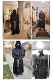 Black Medieval Monk Robe – Hooded Cloak with Rope Belt & Cross Necklace for Halloween & Cosplay ✝️🖤
