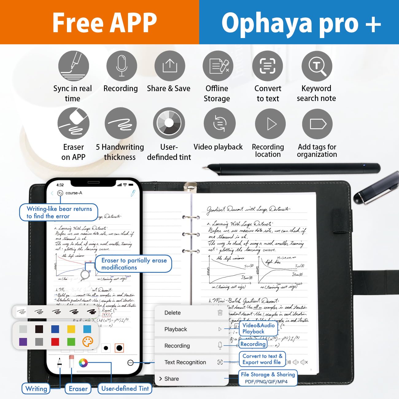 Ophaya Pro+ Smart Pen & Notebook Set – Real-Time Sync, OCR Text Conversion & Audio Recording (Black)