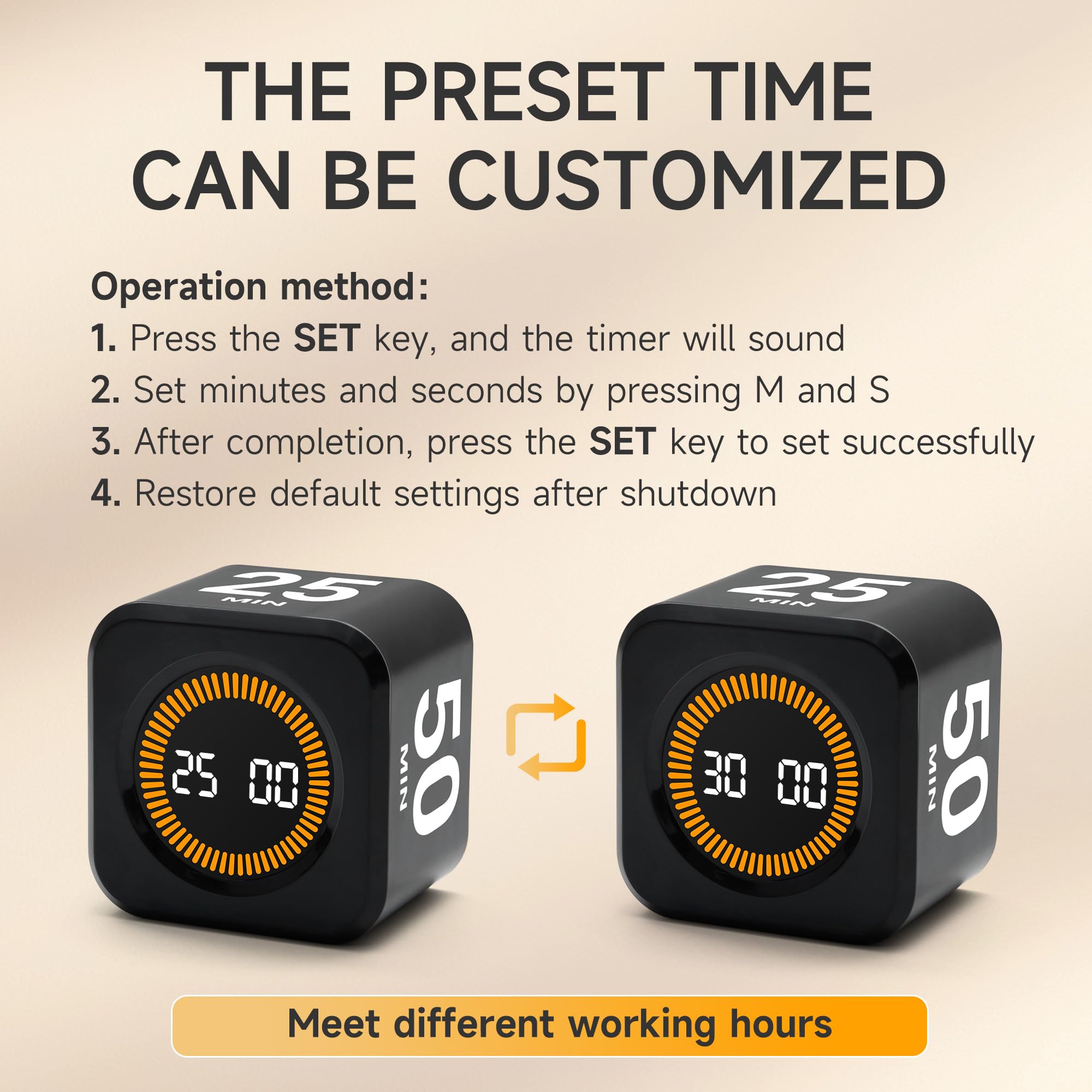 EXLLIY Rotating Focus Cube Timer with Custom Presets, Visual Energy Bar & Silent Mode – Black