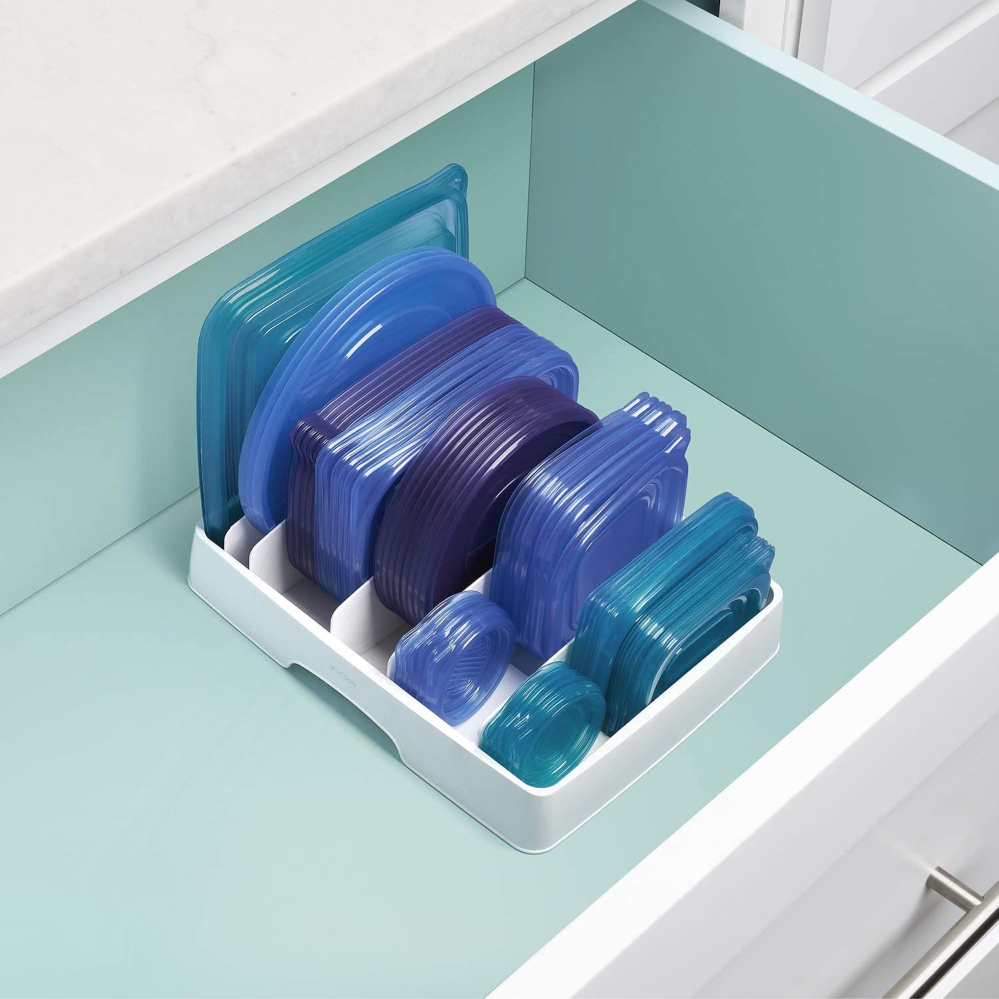 Adjustable Container Lid Organizer with Dividers – Cabinet & Drawer Storage Solution (White)