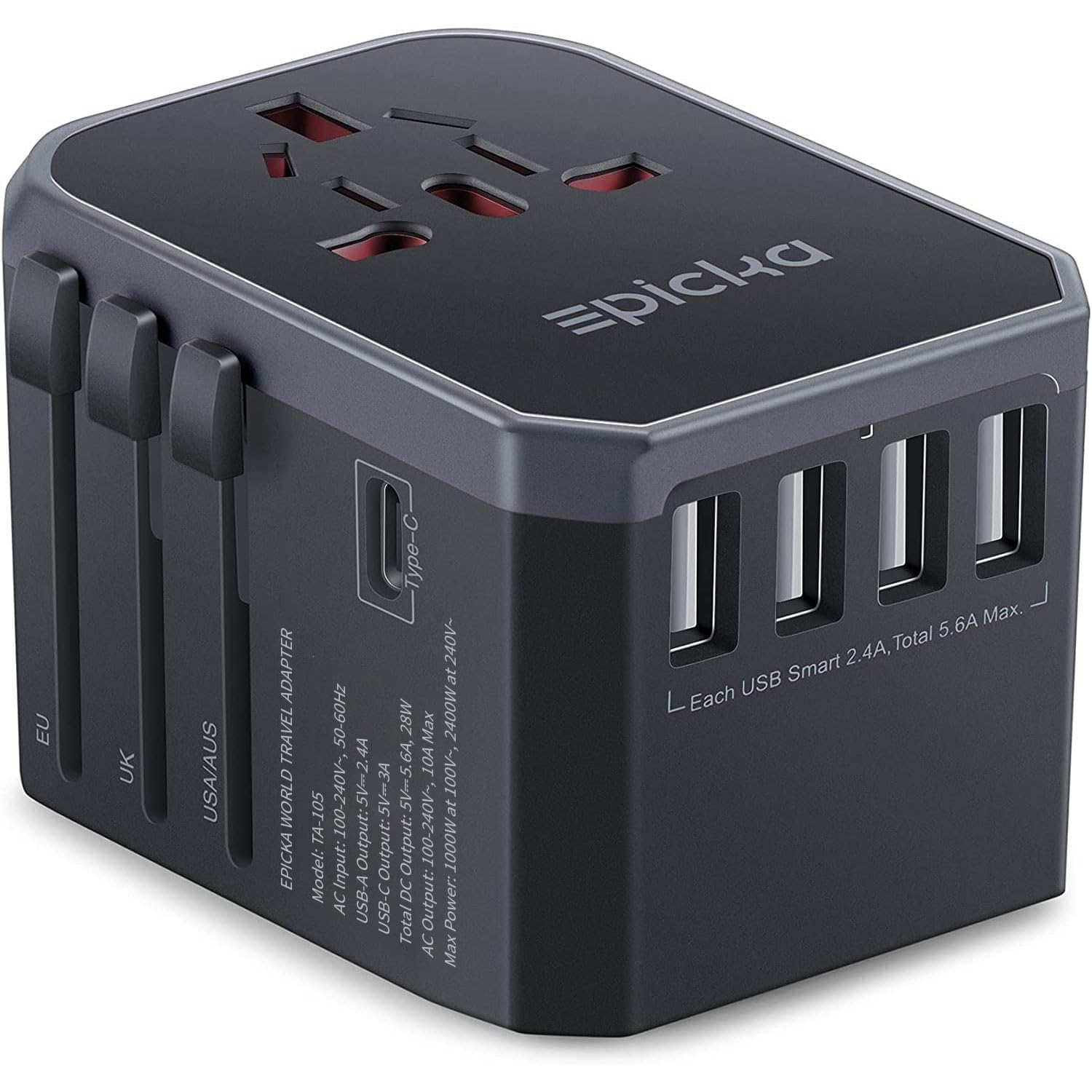 EPICKA Universal Travel Adapter – 6-in-1 Worldwide Plug with USB-C & 4 USB-A Ports (Grey)