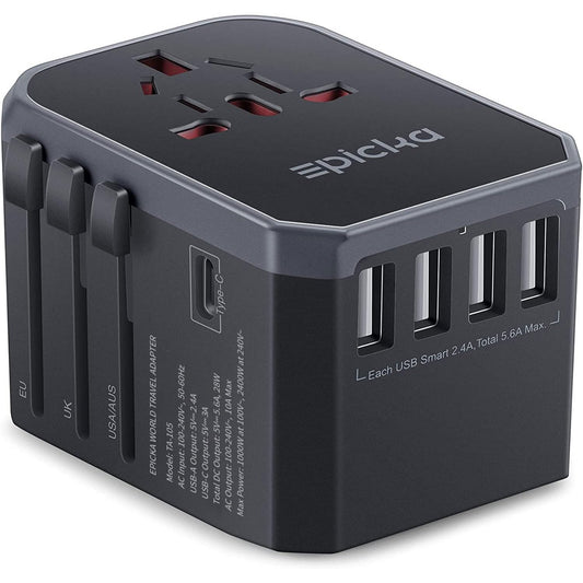 EPICKA Universal Travel Adapter – 6-in-1 Worldwide Plug with USB-C & 4 USB-A Ports (Grey)