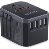 EPICKA Universal Travel Adapter – 6-in-1 Worldwide Plug with USB-C & 4 USB-A Ports (Grey)