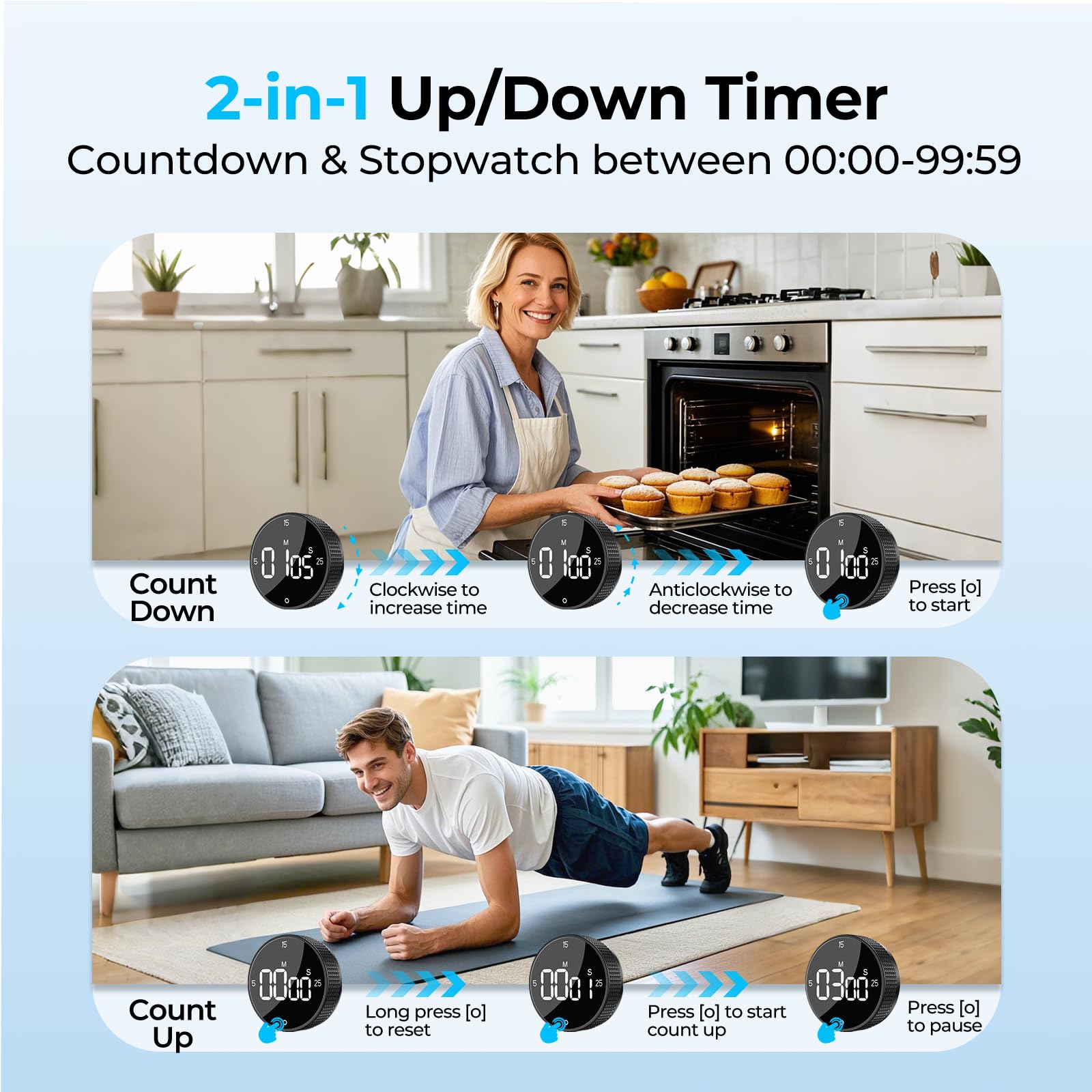 ALLBEAN Magnetic Kitchen Timer with Rotating Dial, Loud Alarm & Large LED Display – Black