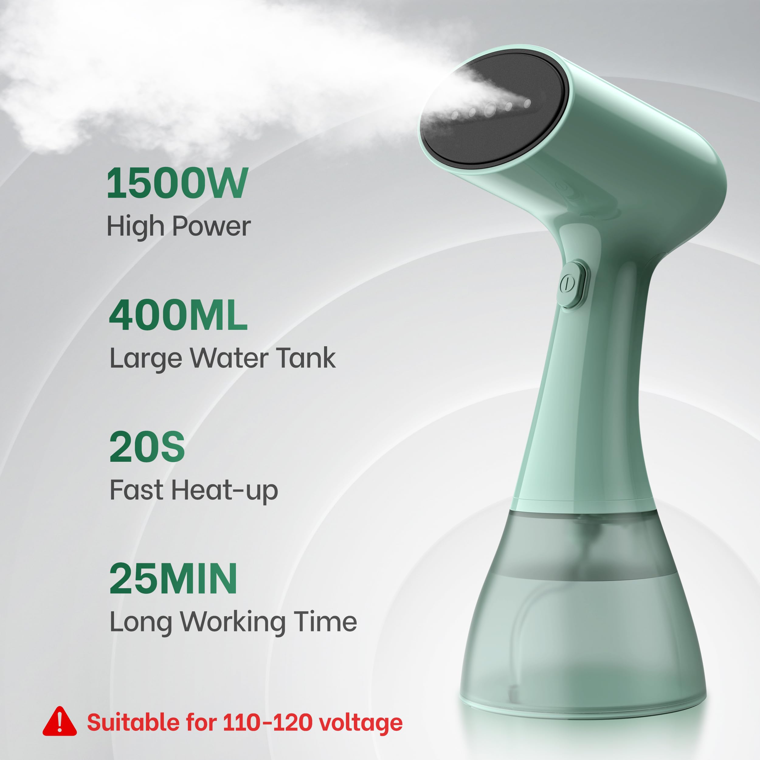 1500W Powerful Handheld Garment Steamer with 400ml Tank, Fast Heat Portable Wrinkle Remover for Travel & Home
