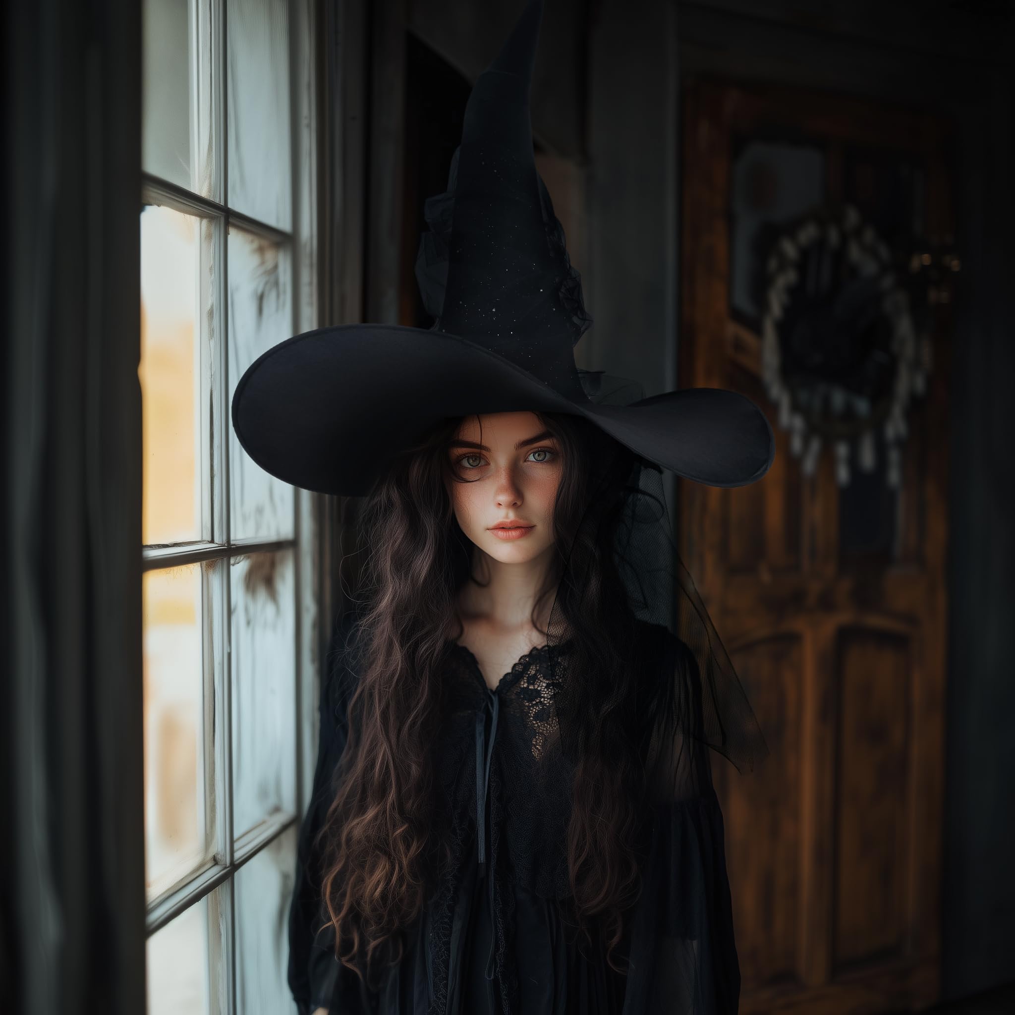 Black Witch Hat with Veil – Halloween Costume Accessory & Party Decoration