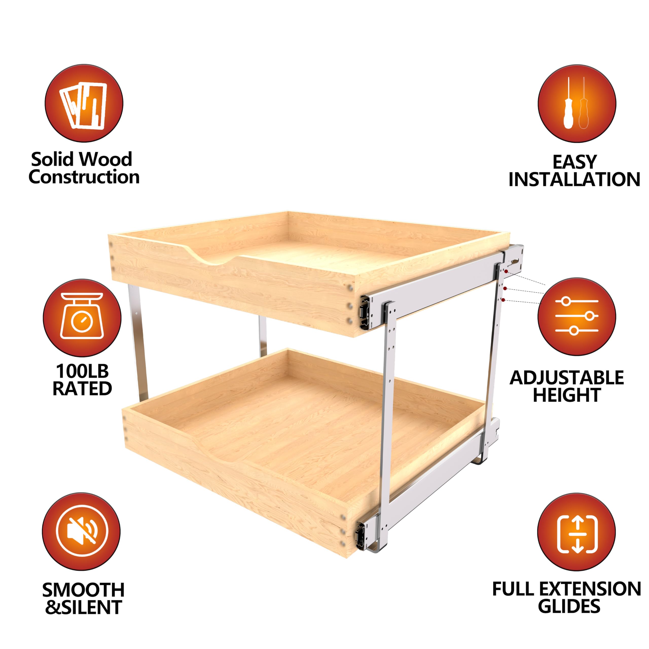 Jowboow 2-Tier Wooden Pull-Out Cabinet Shelves – Independent Slide-Out Drawers with Heavy-Duty Glide System