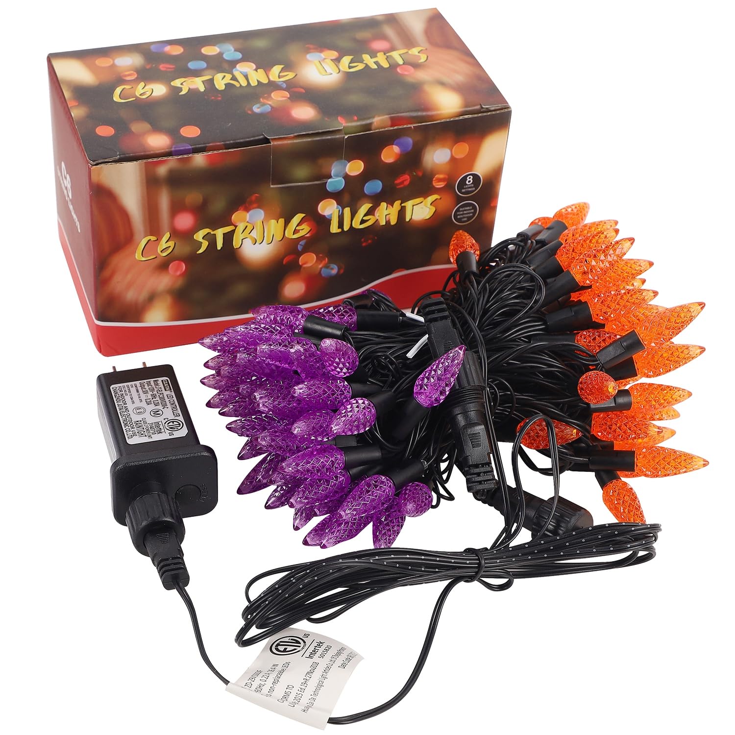 Halloween Orange & Purple C6 String Lights – 100 LED, 42.8ft, 8 Modes, Waterproof, Indoor/Outdoor Spooky Décor