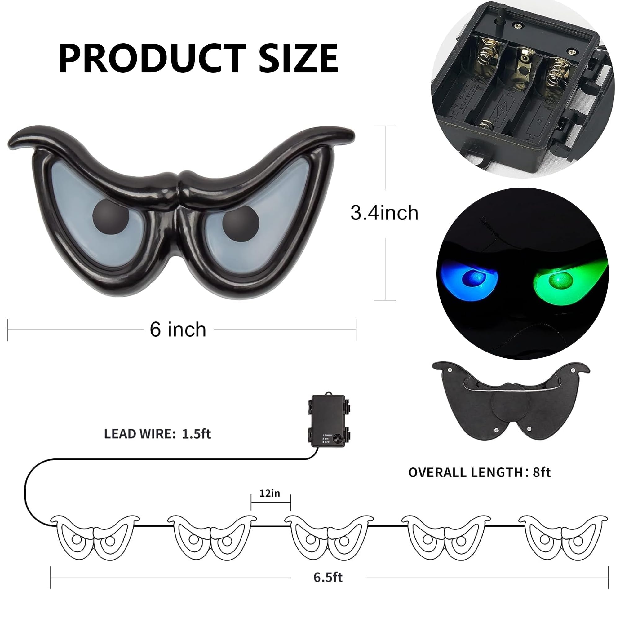 Halloween Ghost Eye String Lights – 6.25ft Multicolor LED Lights with 5 Glowing Eyes (Battery Operated, Waterproof)