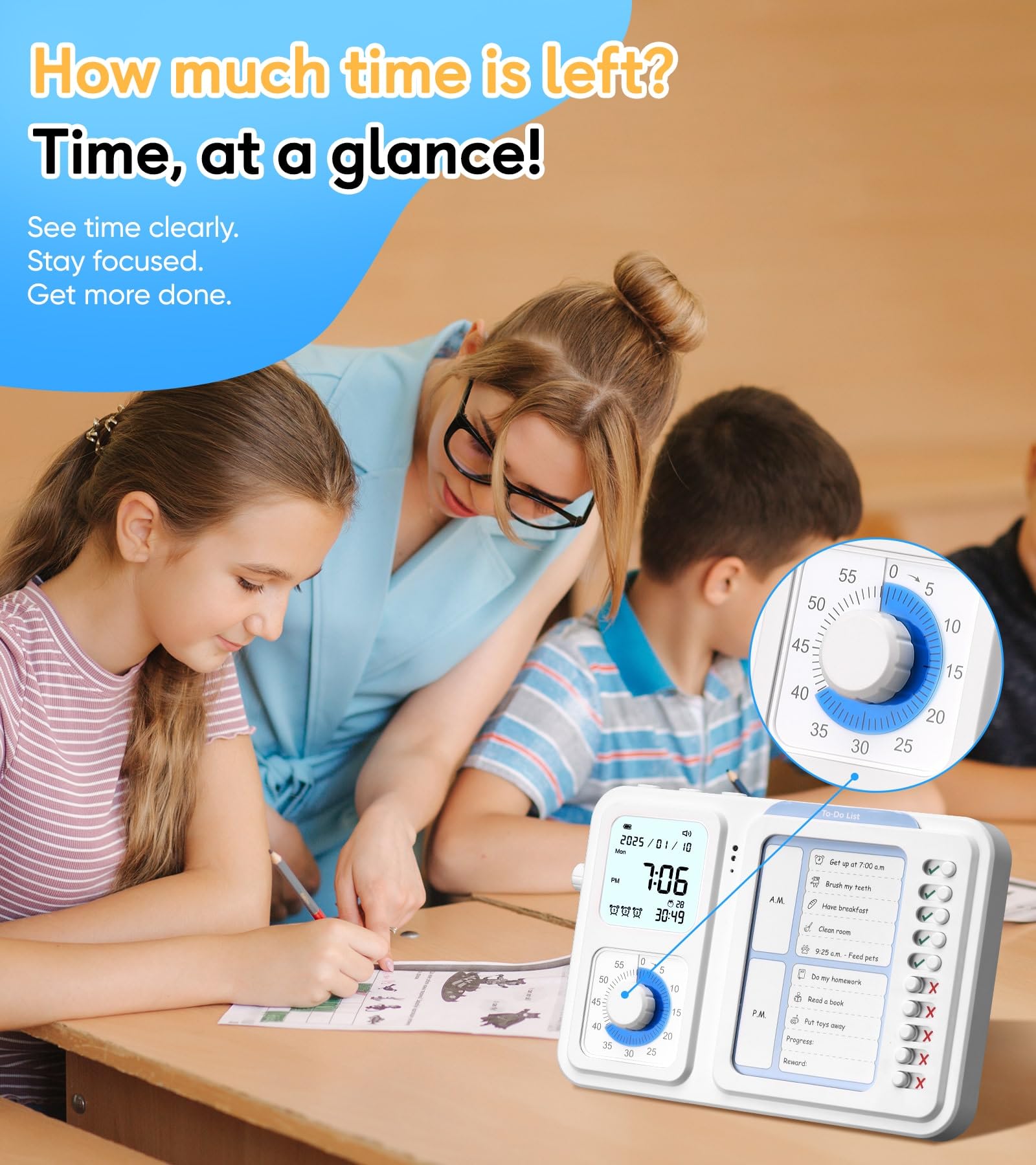3-in-1 Visual Timer with Chore Chart & Digital Clock for ADHD Focus, Routines & Daily Schedules – White