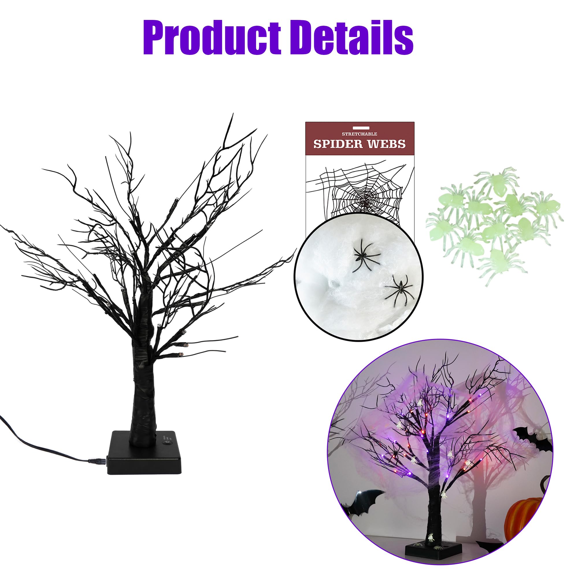 Dazzle Bright 2 Pack 20 Inch Orange & Purple Lighted Halloween Birches Tree Decor, 24 LED Battery Operated Halloween Decorations Artificial Black Spooky Tree with Timer for Indoor Home Party