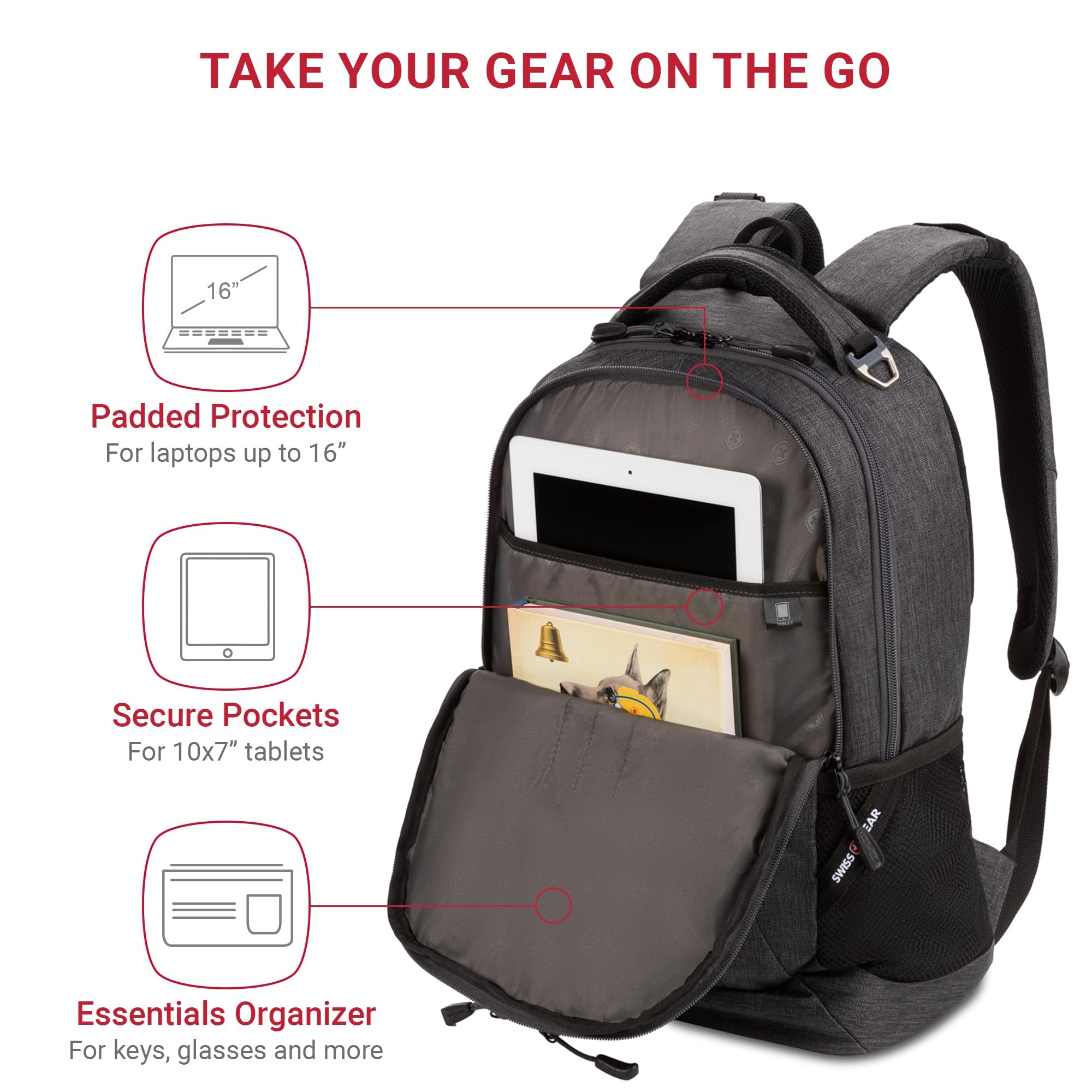 SwissGear 5505 Cecil 16″ Laptop Backpack – Lightweight Everyday Carry with Gear Attachments (Charcoal)