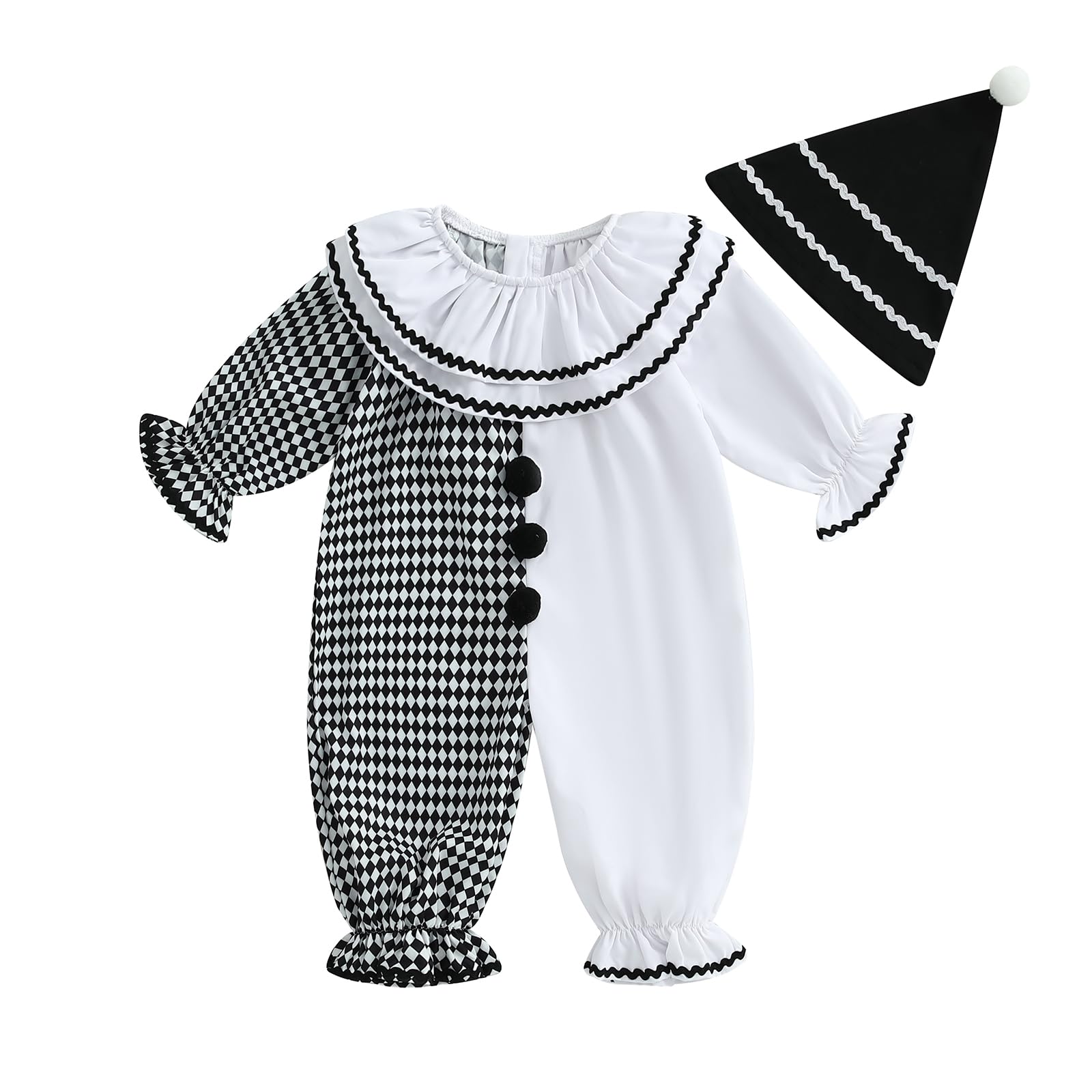 Toddler Clown Halloween Costume – White Baby Jumpsuit & Hat Set for Boys and Girls (Soft Polyester Blend)