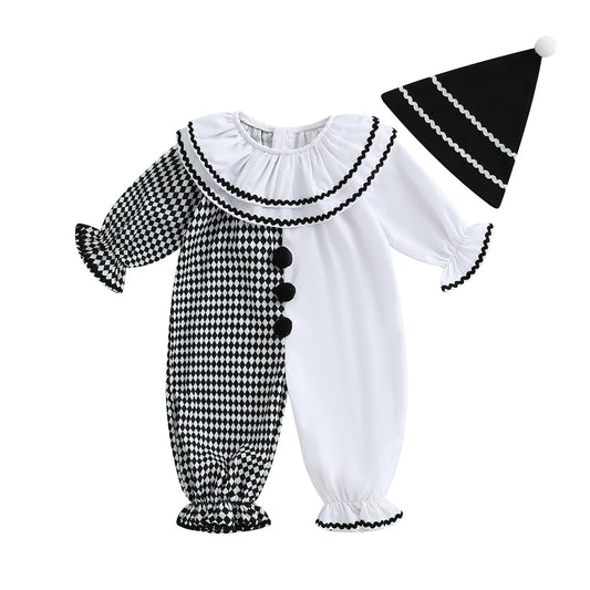 Toddler Clown Halloween Costume – White Baby Jumpsuit & Hat Set for Boys and Girls (Soft Polyester Blend)