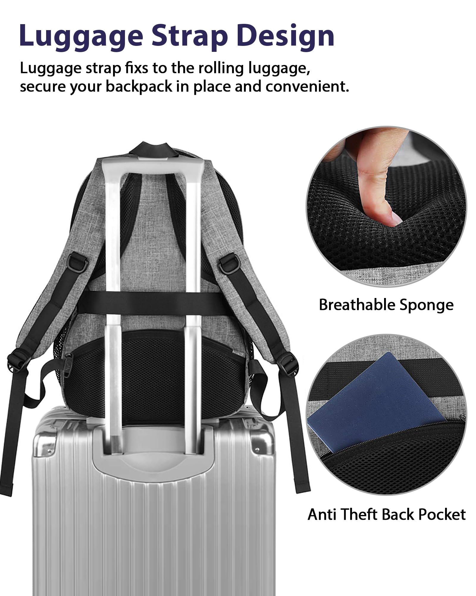 Matein 17″ TSA-Approved Travel Laptop Backpack – Large Carry-On with USB Charging & Trolley Sleeve (Grey)