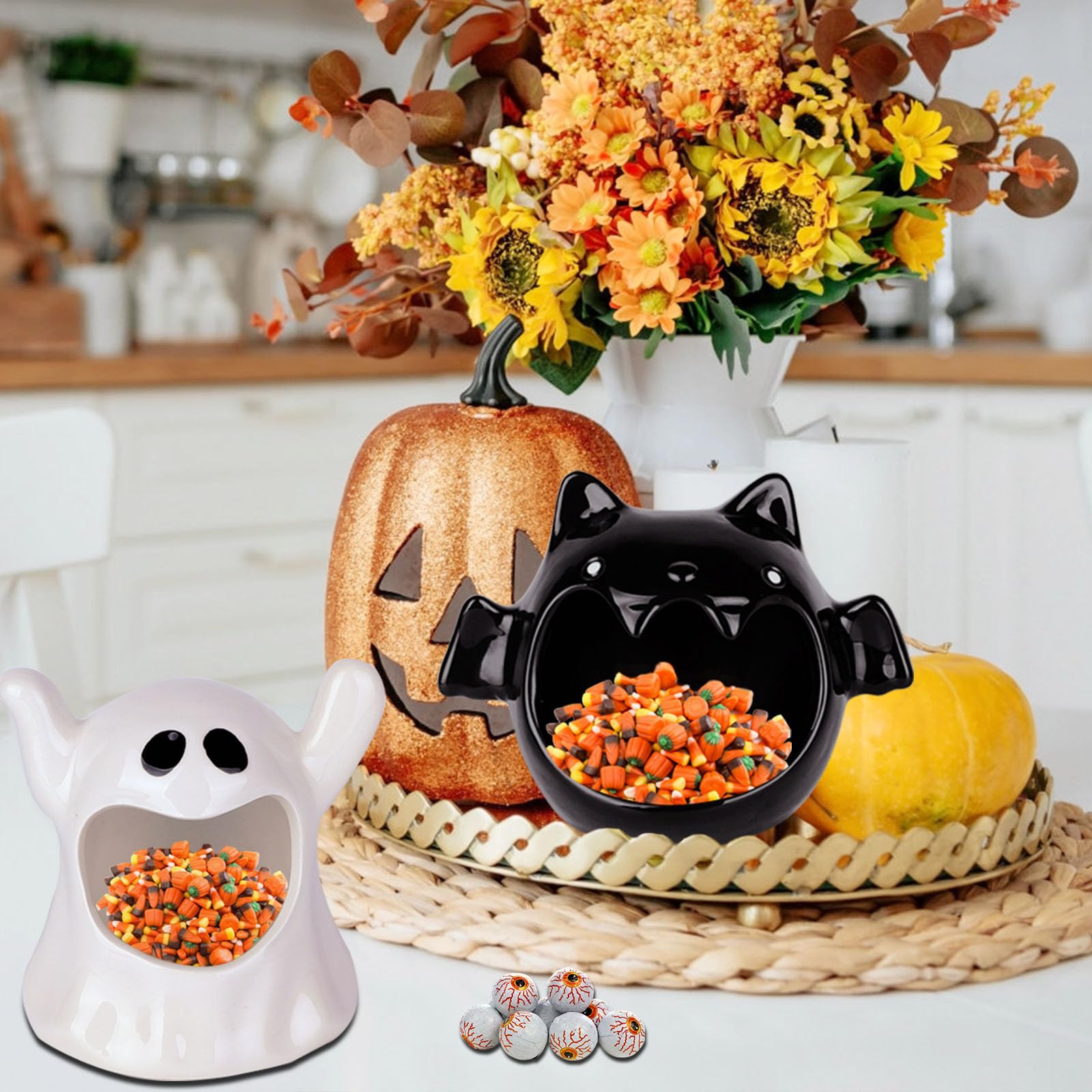 2-Piece Ceramic Halloween Candy Bowl Set – Ghost & Bat Design, White & Black Decorative Candy Dishes