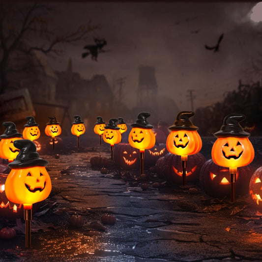 Solar Pumpkin Pathway Lights with Witch Hat – Outdoor Halloween Decorations with 8 Modes & Warm White LEDs (Orange, 2-Pack)