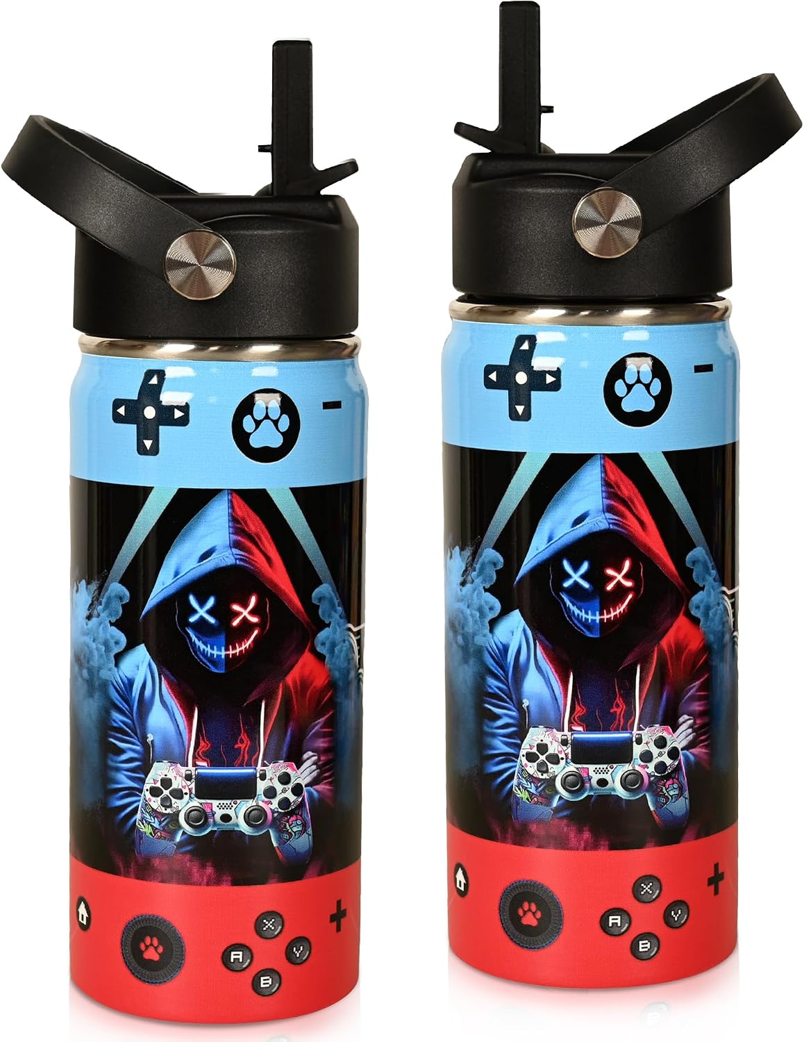 16 oz Kids Insulated Water Bottle with Straw – Leakproof Stainless Steel Gaming School Bottle with Carry Handle