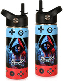 16 oz Kids Insulated Water Bottle with Straw – Leakproof Stainless Steel Gaming School Bottle with Carry Handle