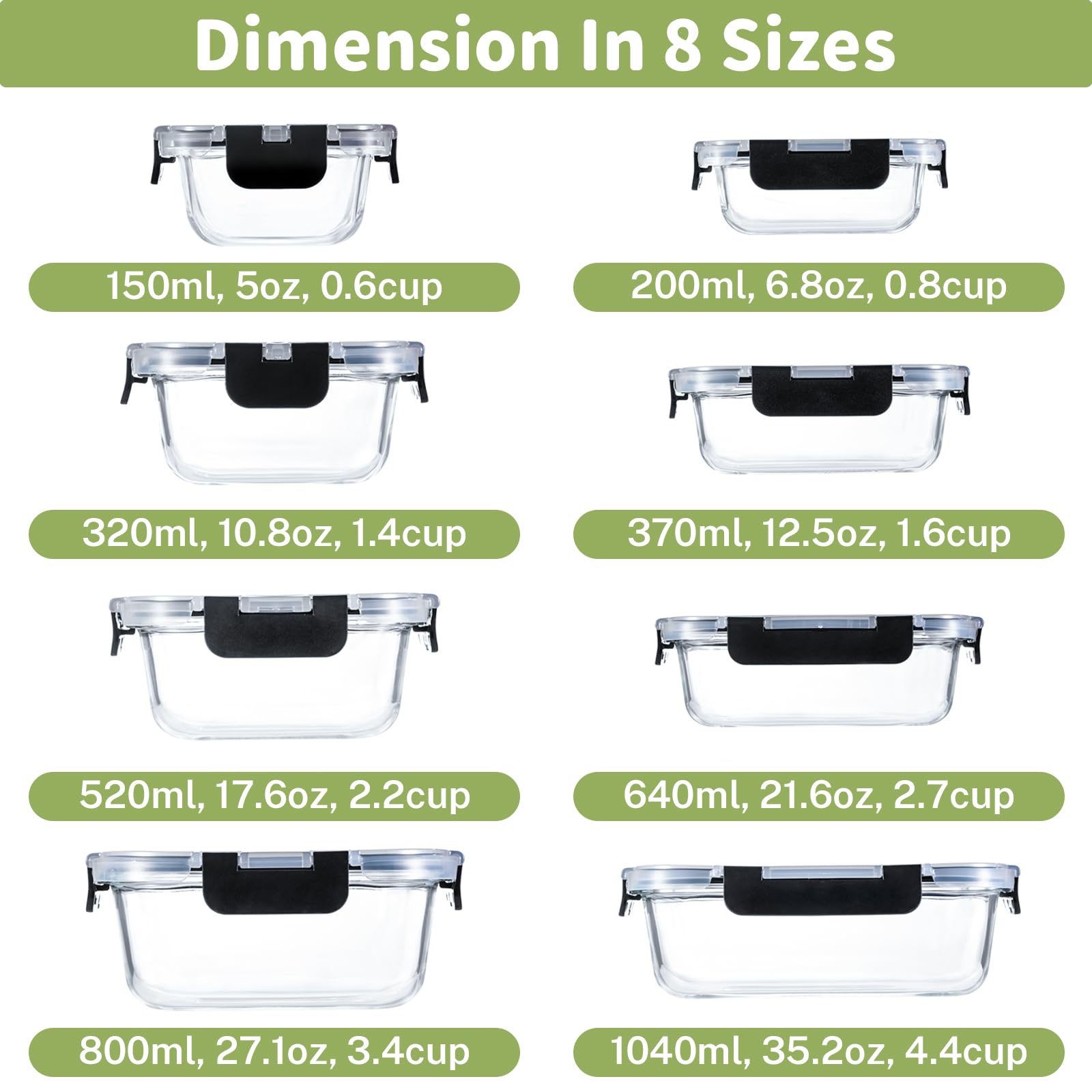 HOMBERKING Borosilicate Glass Food Storage Containers – 8 Piece Leak-Proof Set with Locking Lids