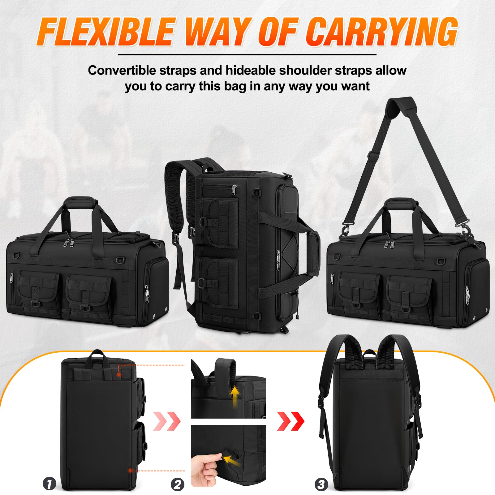 RAINSMORE 45L 3-in-1 Gym Backpack & Duffle Bag – Waterproof Carry-On Weekender with Shoe Compartment (Black)