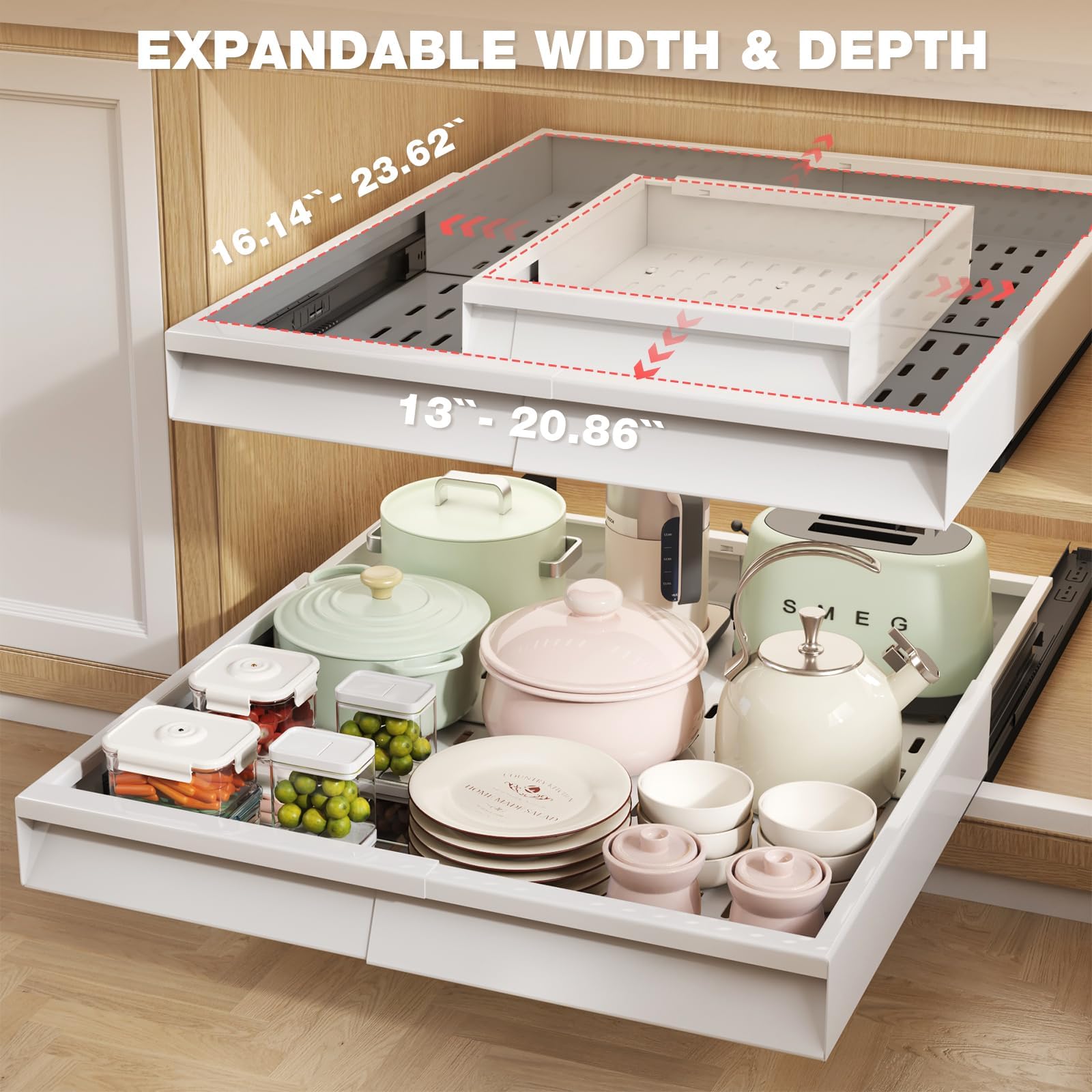 Expandable Pull-Out Cabinet Organizer with Handle – Adjustable Width & Depth, 3-Rail Slide-Out Shelf (White, 2-Pack)