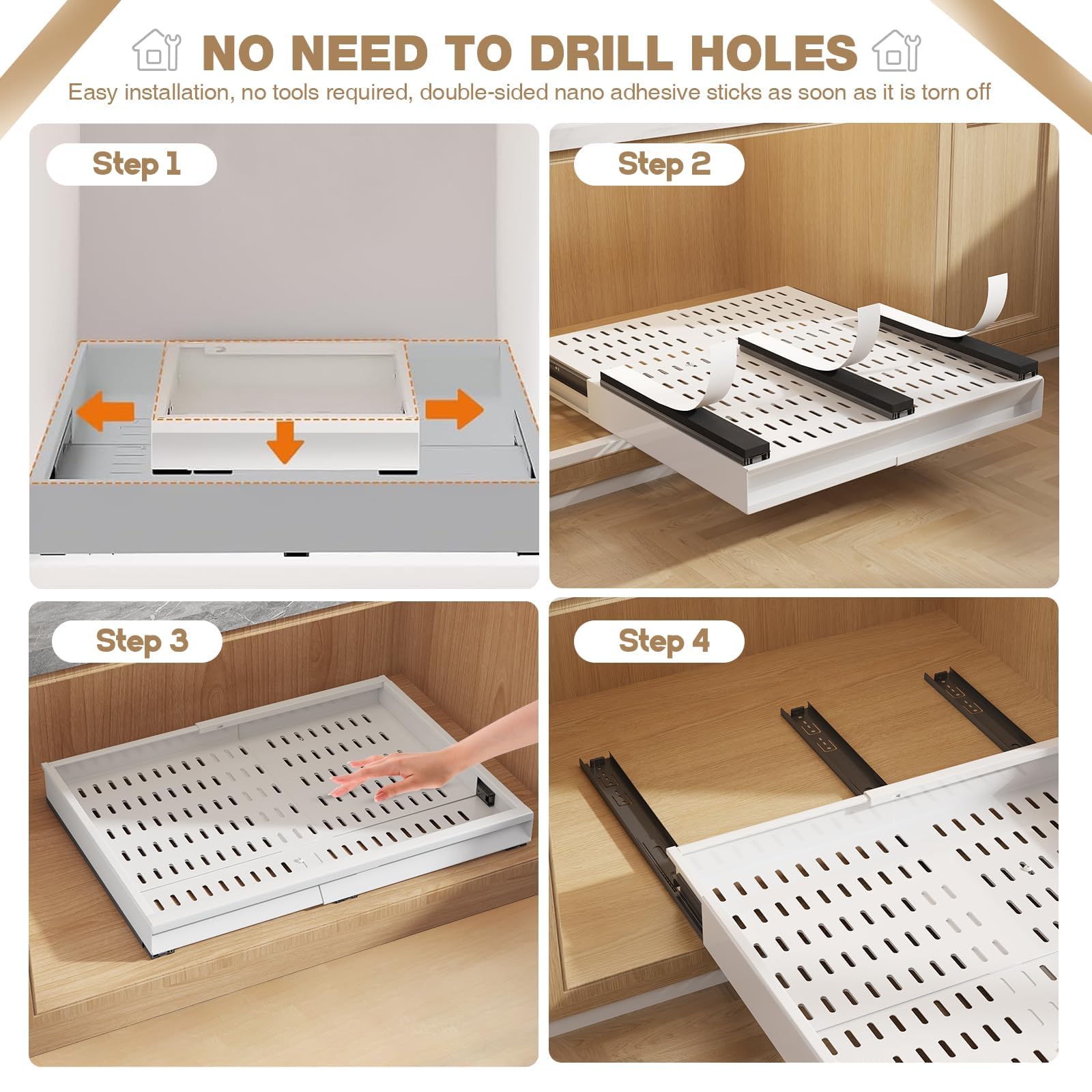 Expandable Pull-Out Cabinet Organizer with Handle – Adjustable Width & Depth, 3-Rail Slide-Out Shelf (White, 2-Pack)