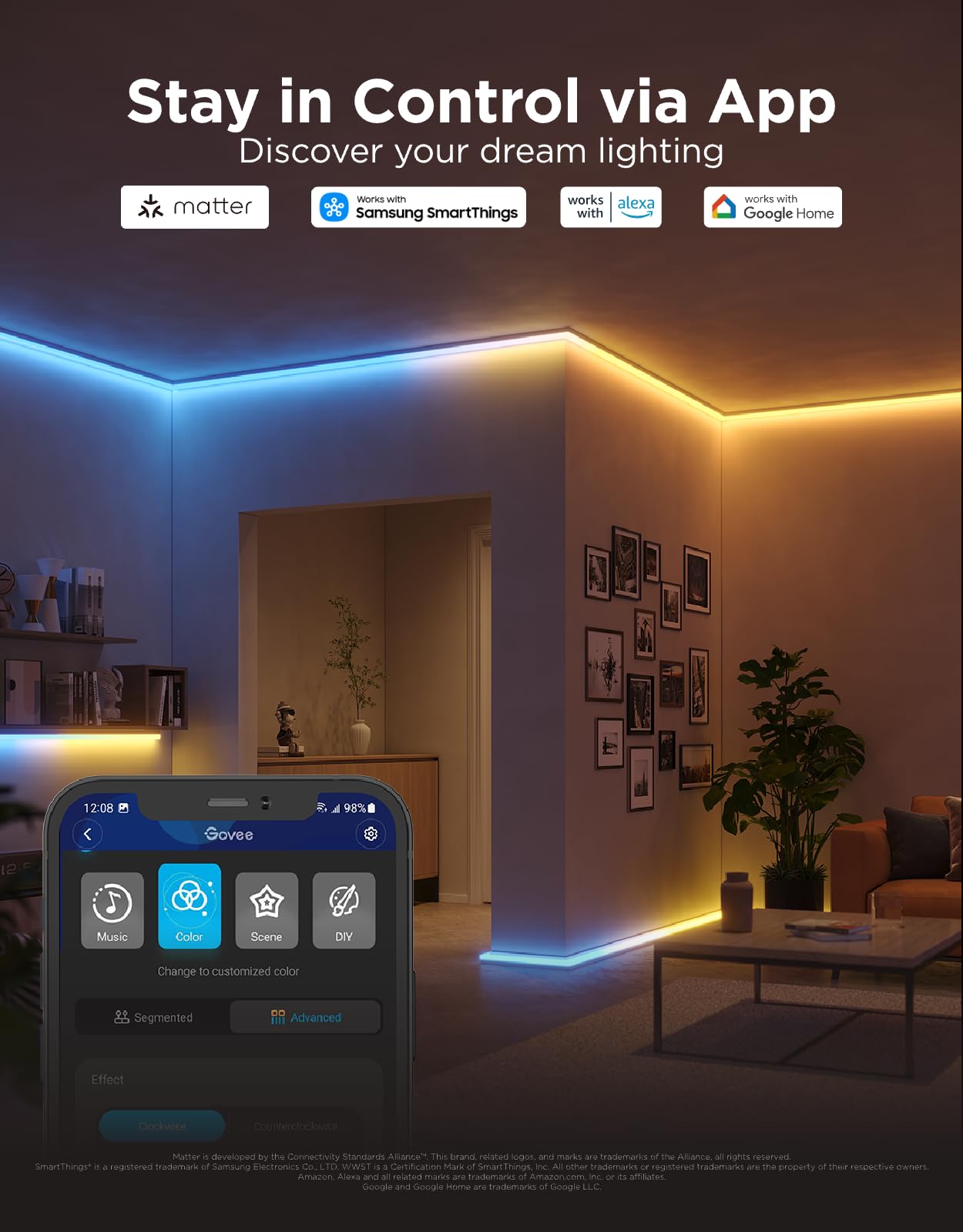 Govee RGBIC LED Strip Lights with Diffuser Channel – 60 LEDs/m, Alexa Compatible & Corner-Ready Design