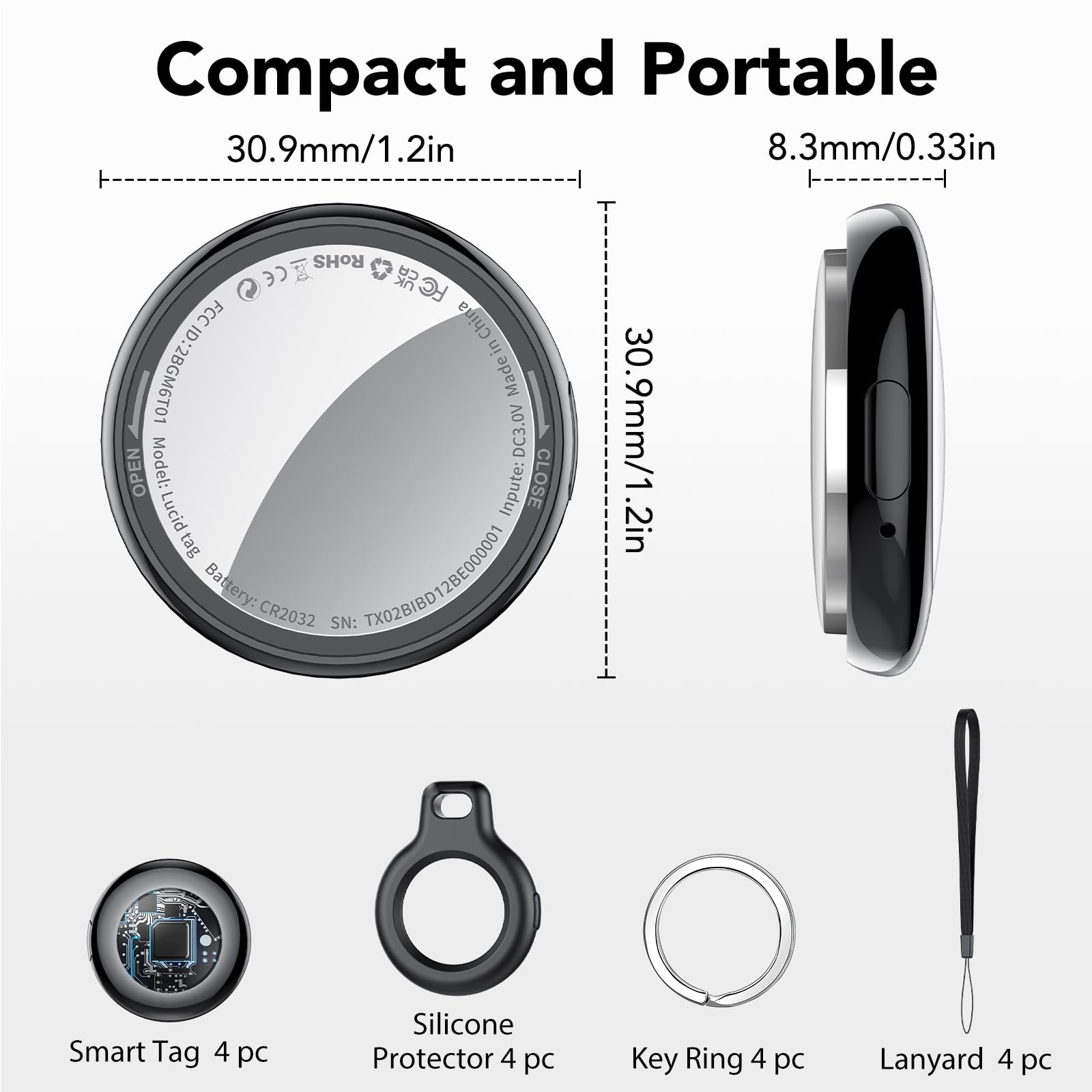 Tukio Bluetooth Tracker Tag 4 Pack, Apple Find My Compatible Item Locator, IP67 Waterproof Smart Key Finder with Loud Alert and Replaceable Battery