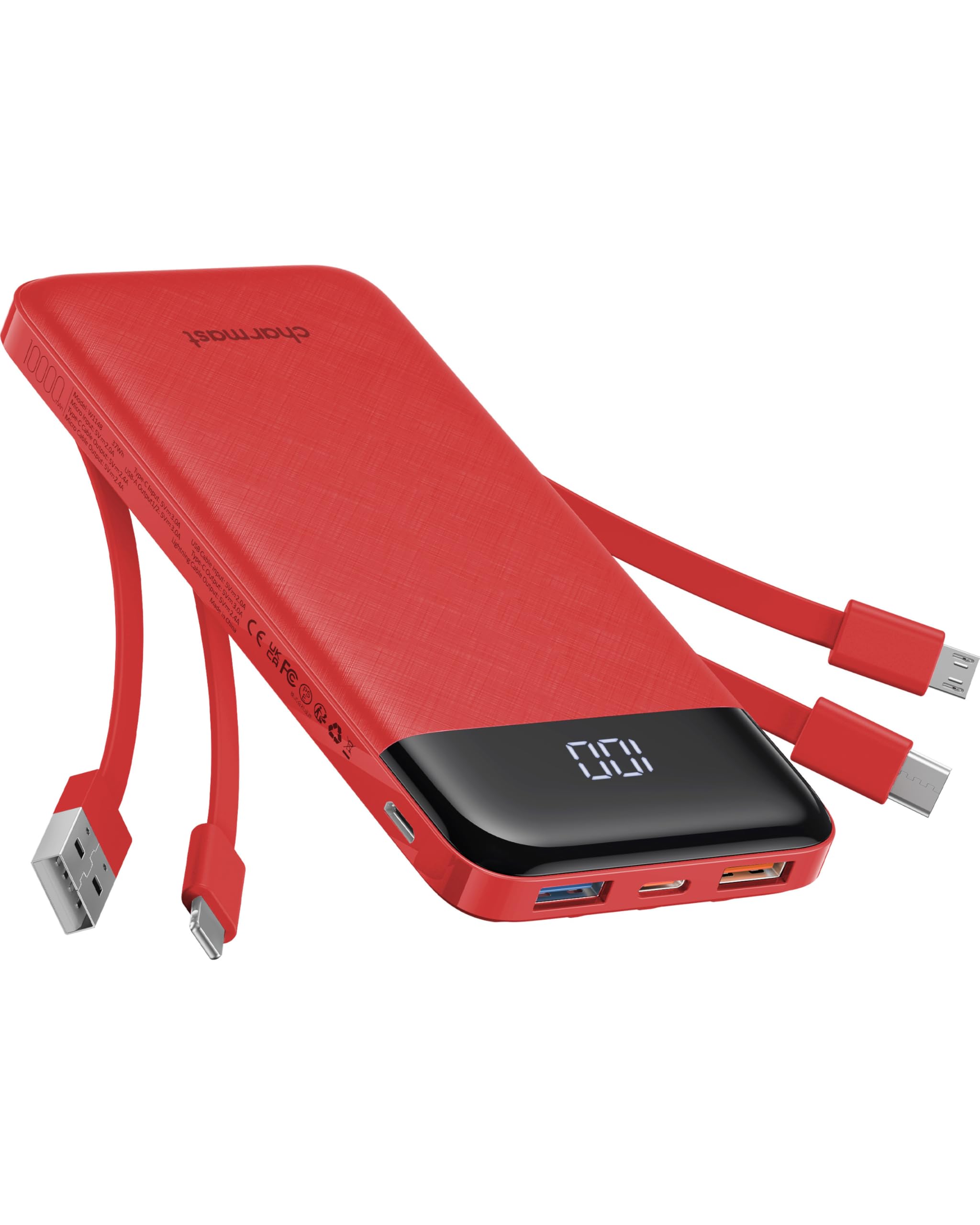 10000mAh Slim Power Bank with Built-in Cables – Portable Charger for iPhone, Samsung, Android & Tablets (Charge Up to 6 Devices)
