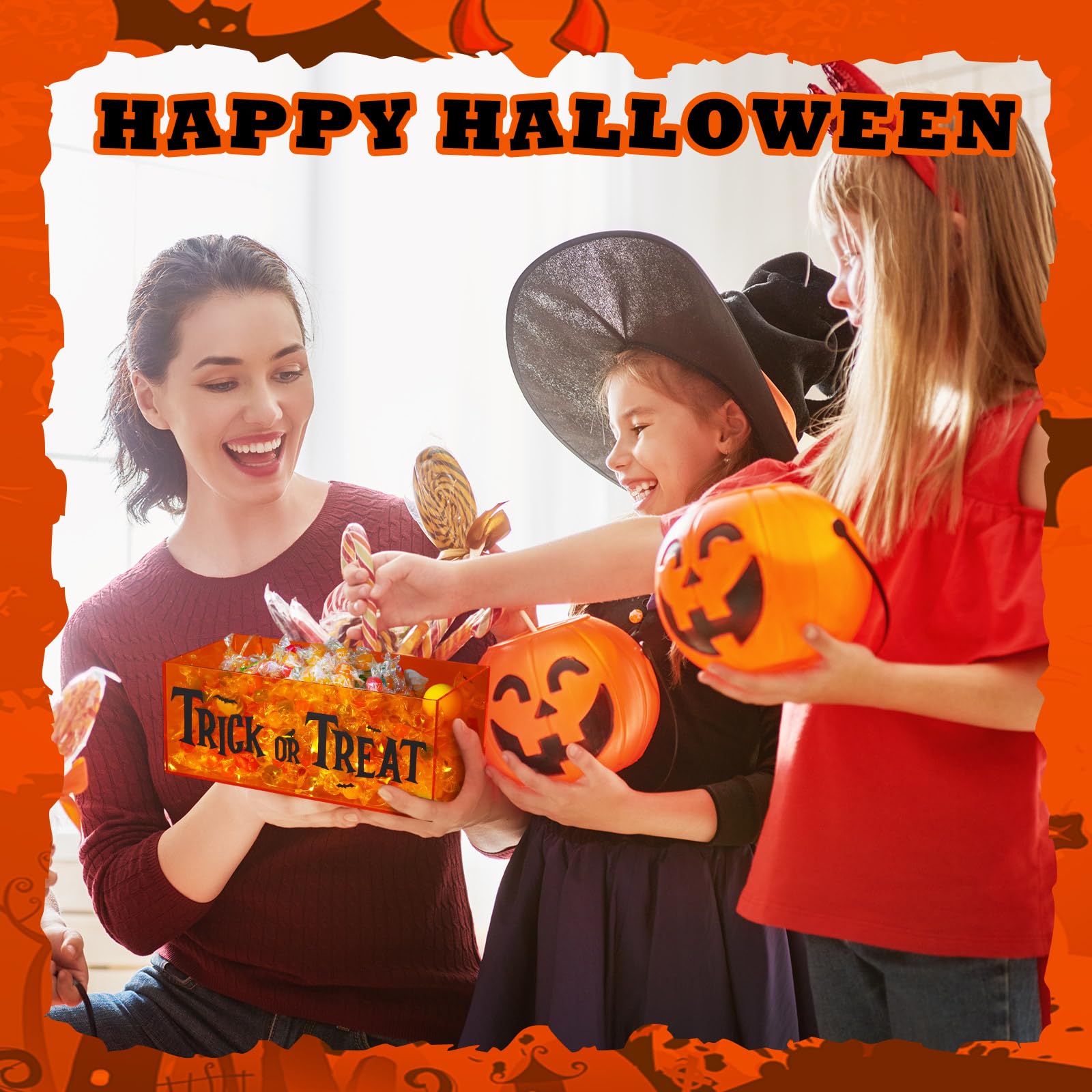 Light-Up Acrylic Trick or Treat Candy Bowl with LED String Lights – Halloween Party Table Decoration (Orange)