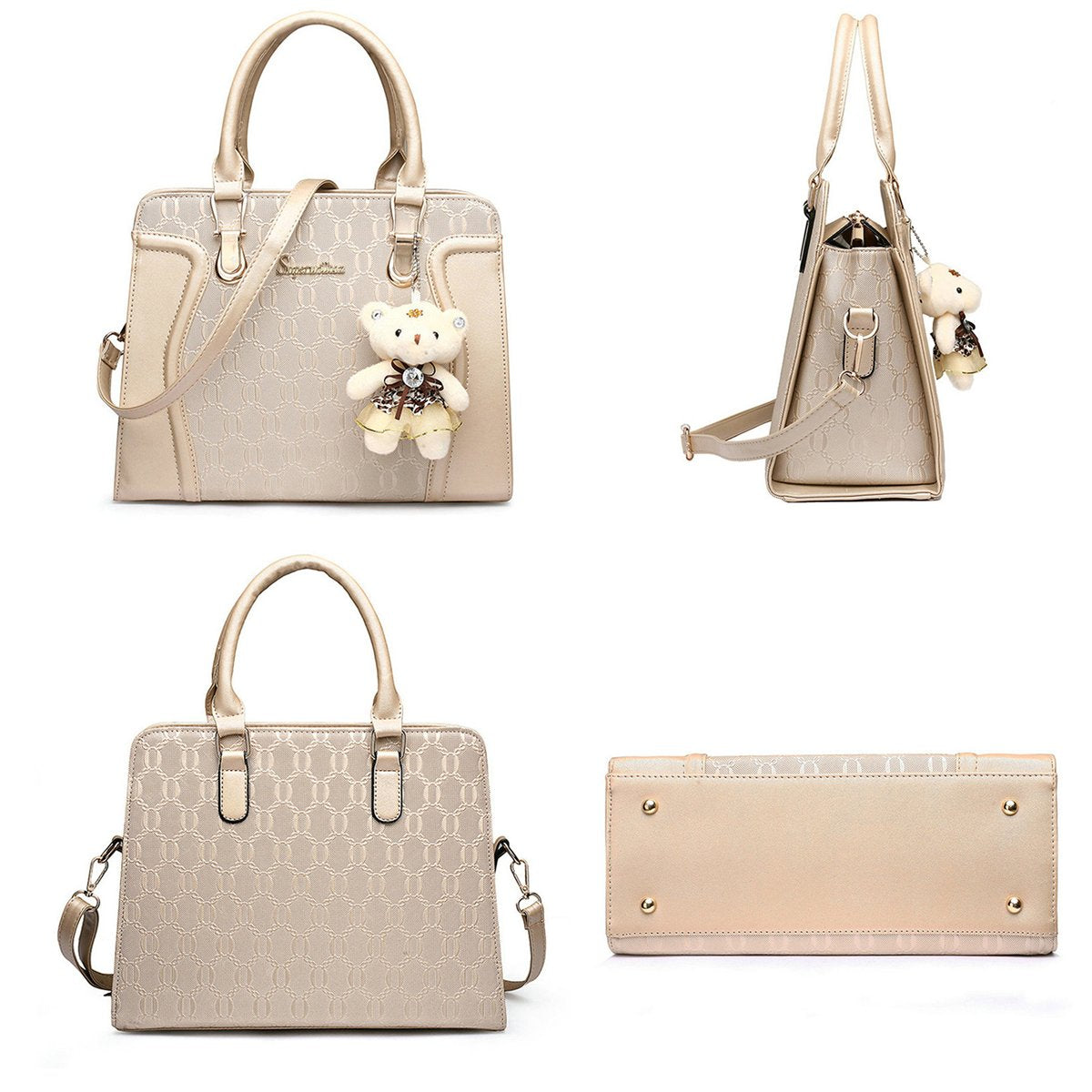 Women’s 4-Piece Fashion Handbag Set – Tote, Shoulder Bag, Crossbody & Wallet Purse Set (B-Gold