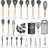 Umite Chef 34-Piece Silicone Kitchen Utensil Set with Wooden Handles – Heat Resistant Cooking Tools with Holder for Nonstick Cookware (Dark Gray)