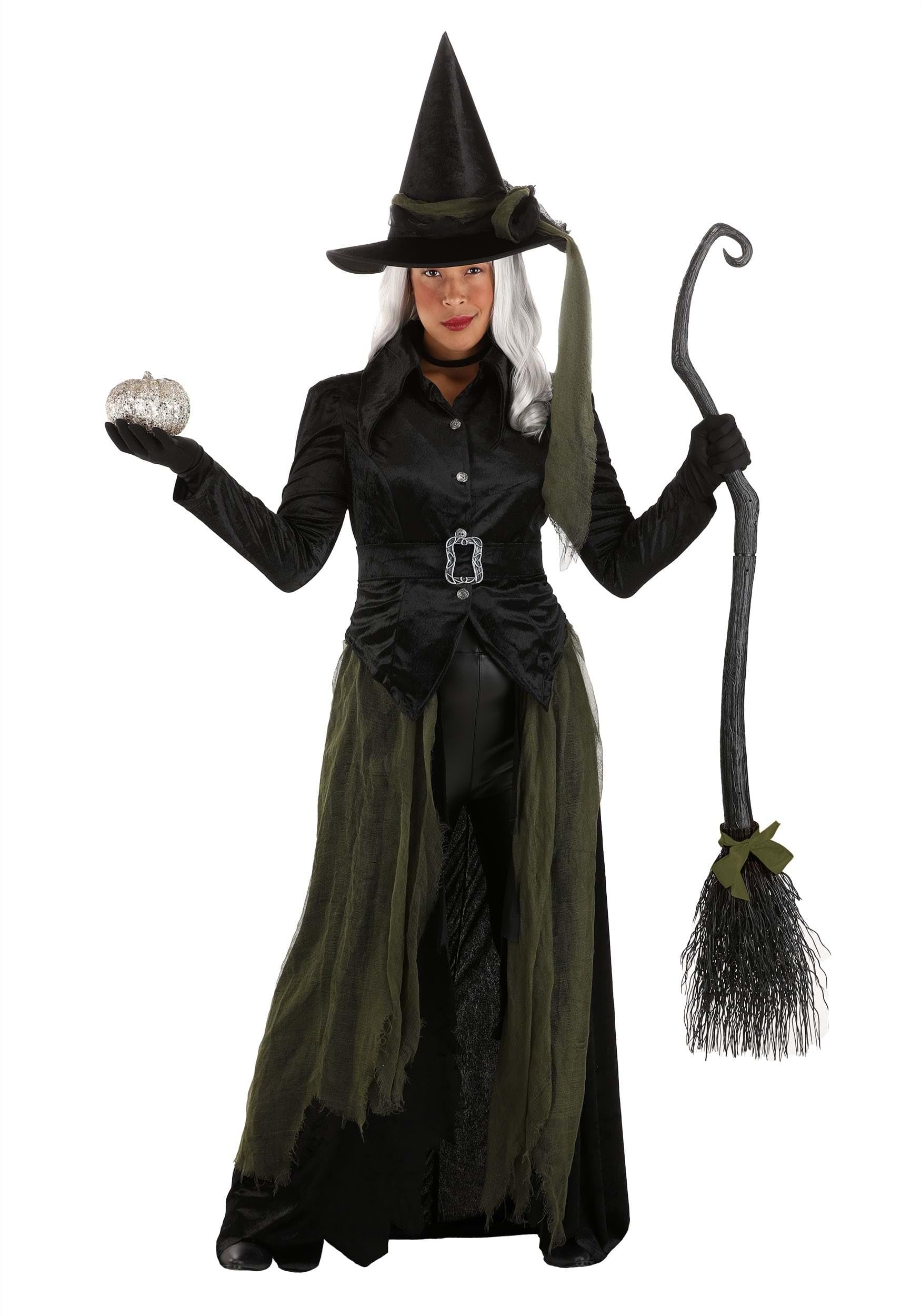 Gothic Witch Costume for Women – Deluxe Black & Green Velour Halloween Outfit with Hat & Belt (Medium)