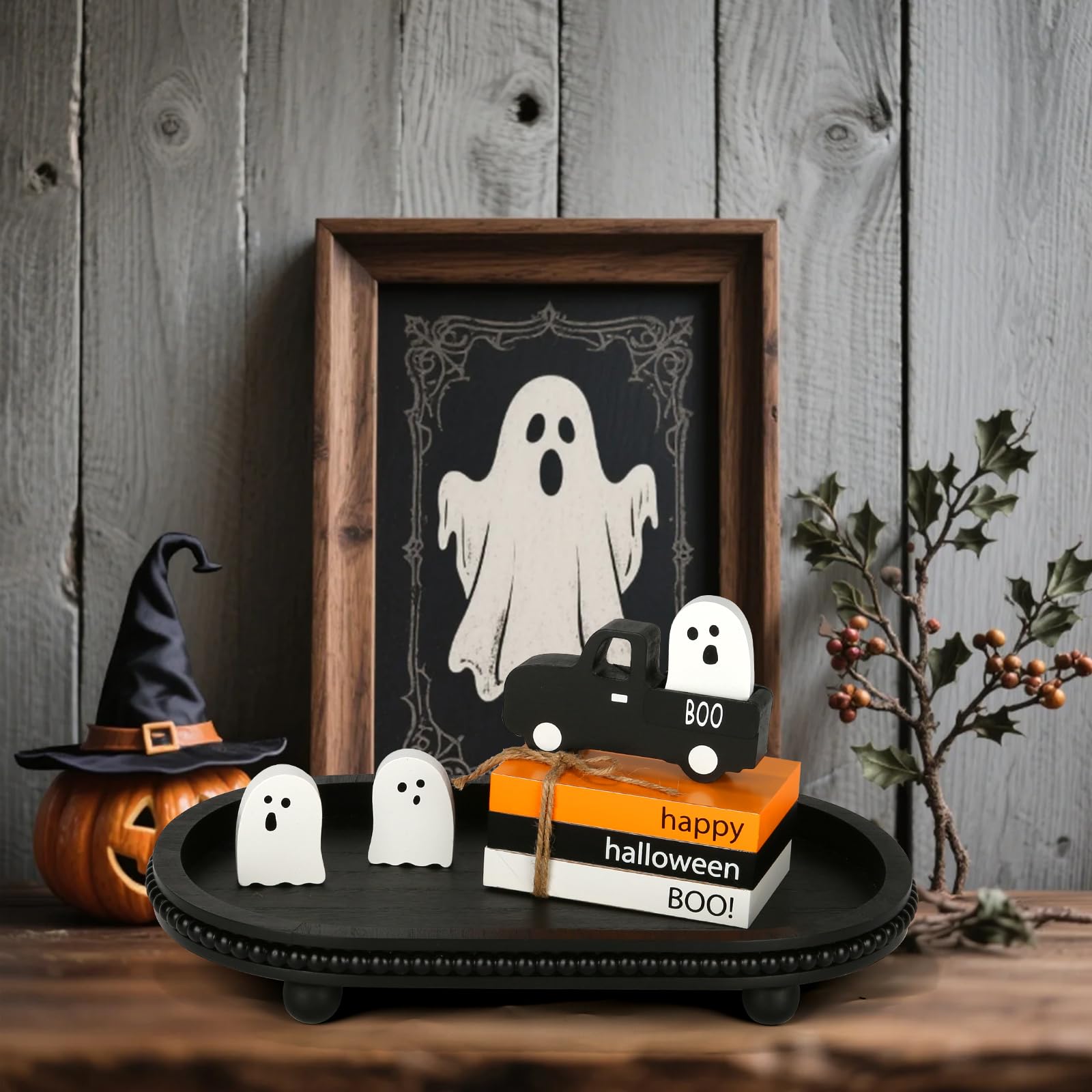 Halloween Wooden Ghost Truck Decor – Stacked Books & Ghost Figures for Table, Shelf & Fireplace