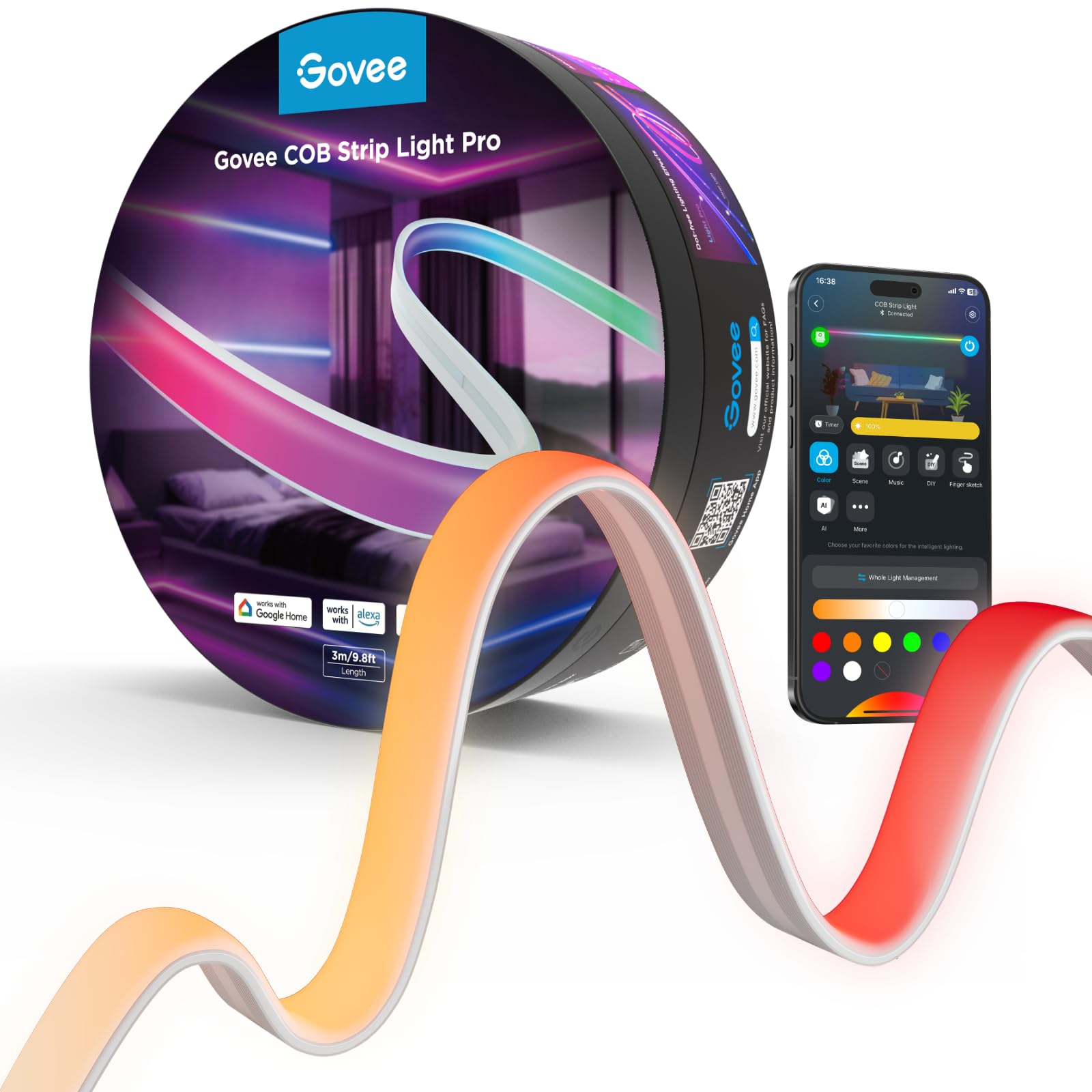 Govee RGBIC COB LED Strip Lights with Matter, 1260 LEDs/m & Silicone Diffuser – Multicolor