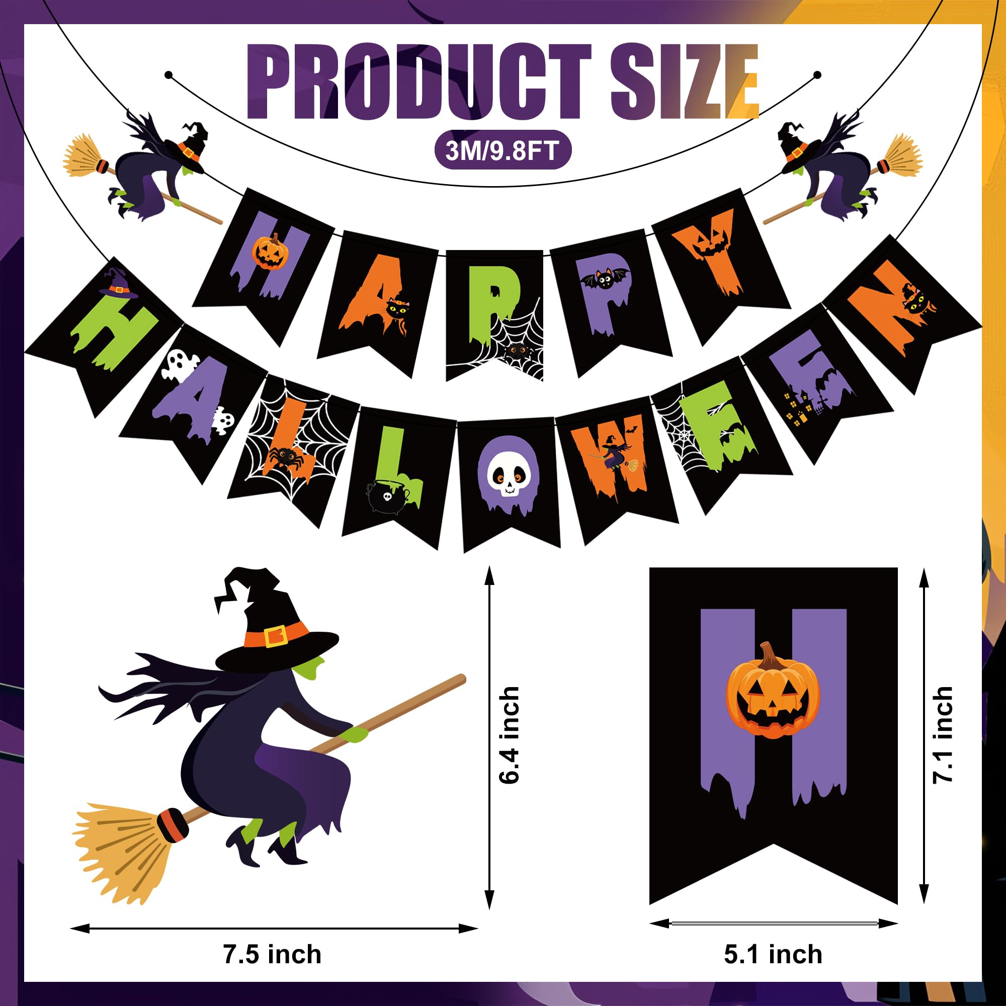 Happy Halloween Banner & Hanging Swirls Set – 32PCS Multicolor Party Decorations with Witches, Ghosts & Pumpkins