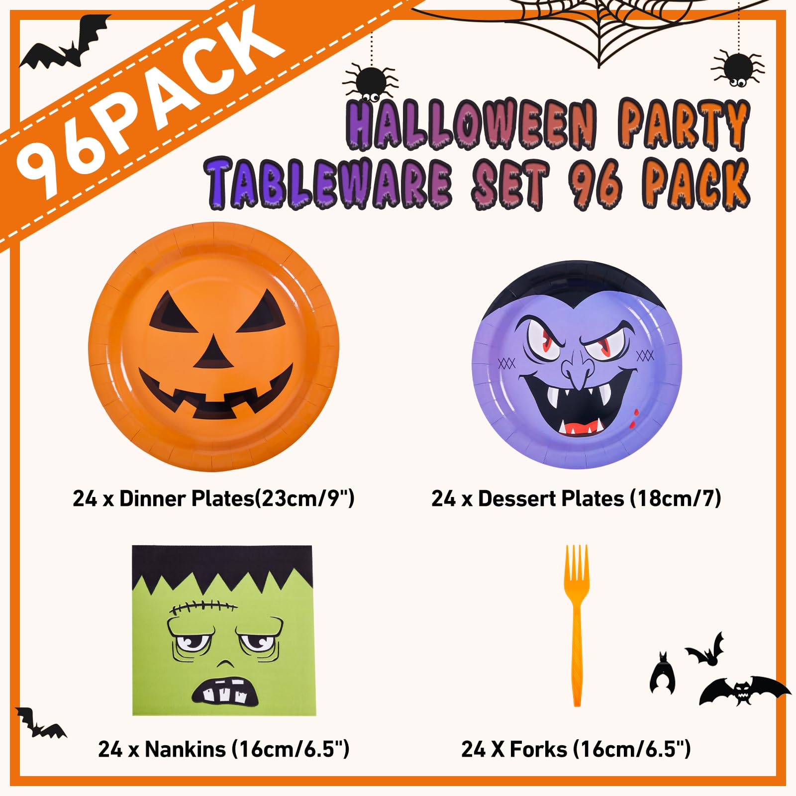 Halloween Party Plates & Napkins Set – 96 Pcs Orange, Purple & Green Ghost, Bat & Pumpkin Tableware for 24 Guests