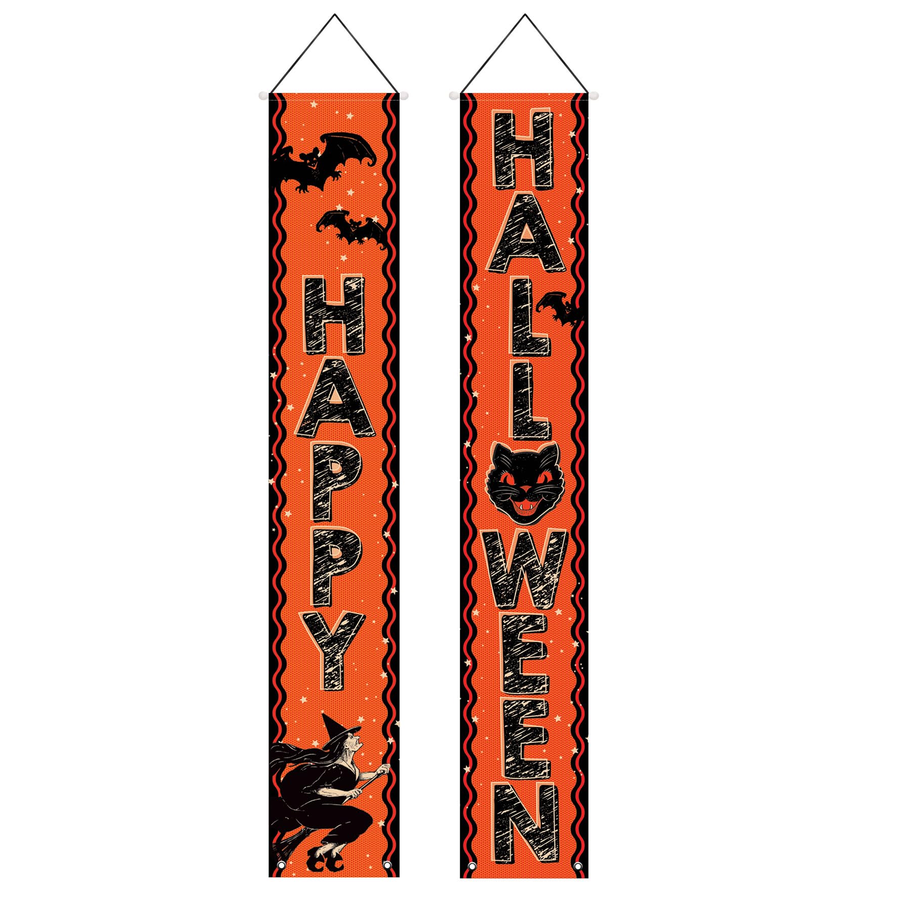 Vintage Halloween Door Panel Set – 2PCS “Happy Halloween” Fabric Banners with Witch, Bat & Black Cat Design