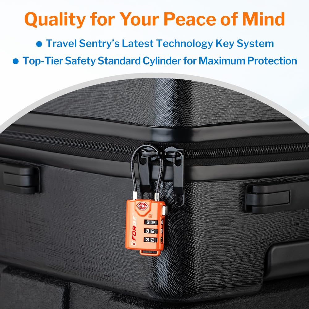 TSA-Approved Cable Luggage Locks (4-Pack) – Resettable 3-Digit Combination, Heavy-Duty Alloy Body (Orange)