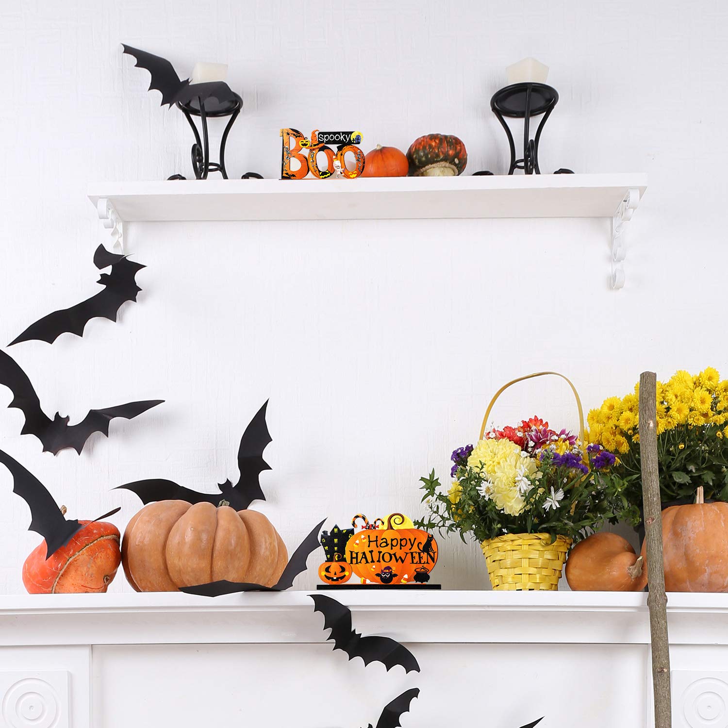 Wooden Halloween Table Centerpieces – “Boo”, “Trick or Treat”, “Happy Halloween” Signs (Set of 3)