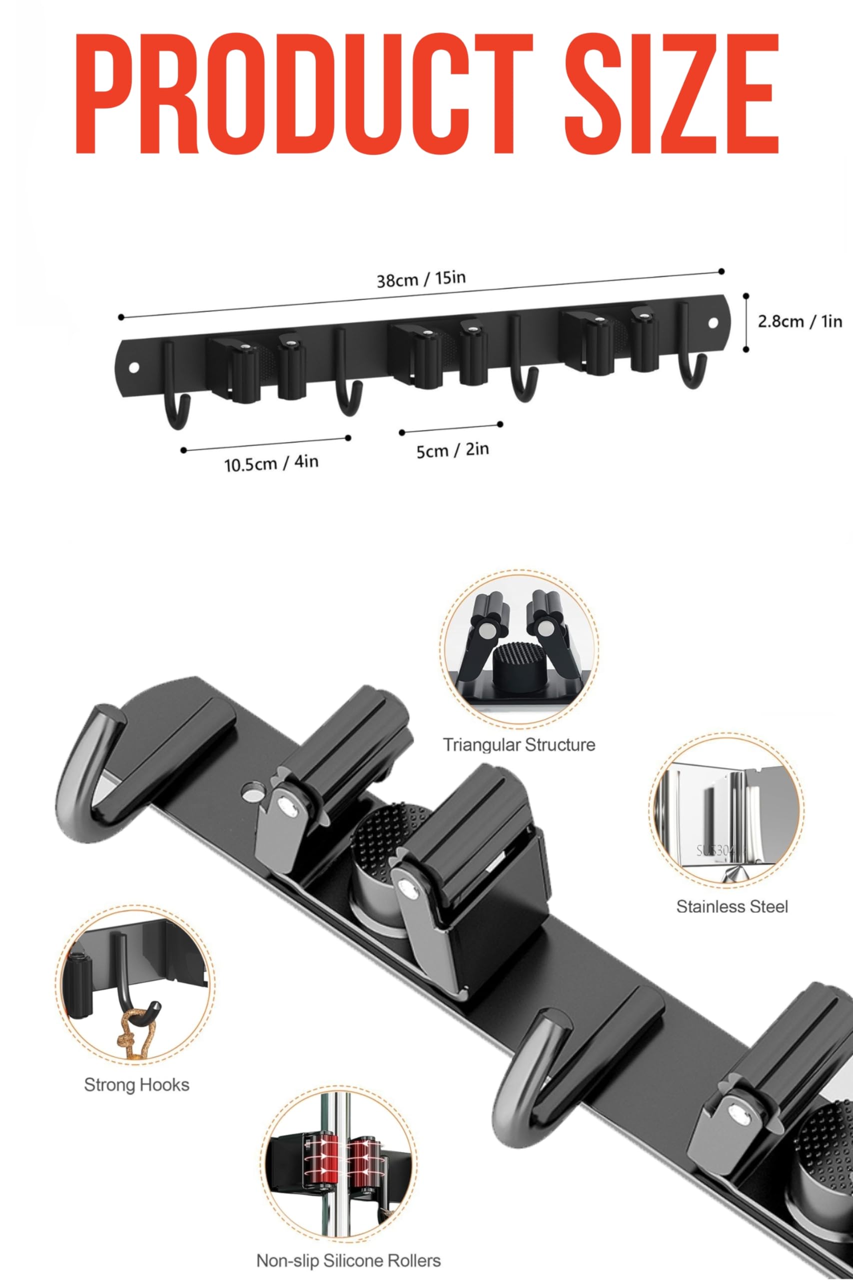 FODARSAI Wall-Mounted Mop & Broom Holder – Stainless Steel Organizer with 5 Grips and 4 Hooks for Home & Garage (Black)