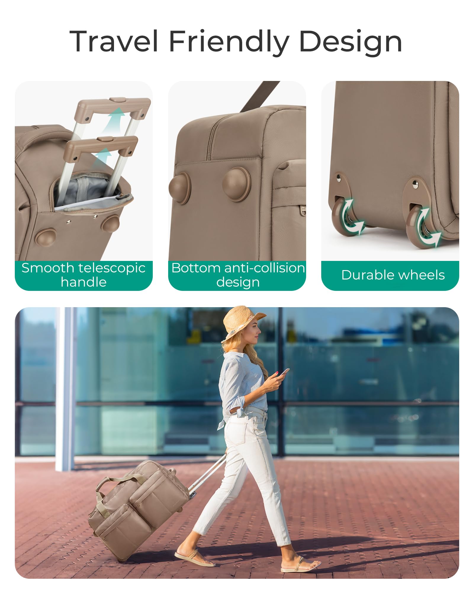 Bagsmart 42L Rolling Duffle Bag with Wheels & Wet Pocket – Airline Approved Carry-On, Pink